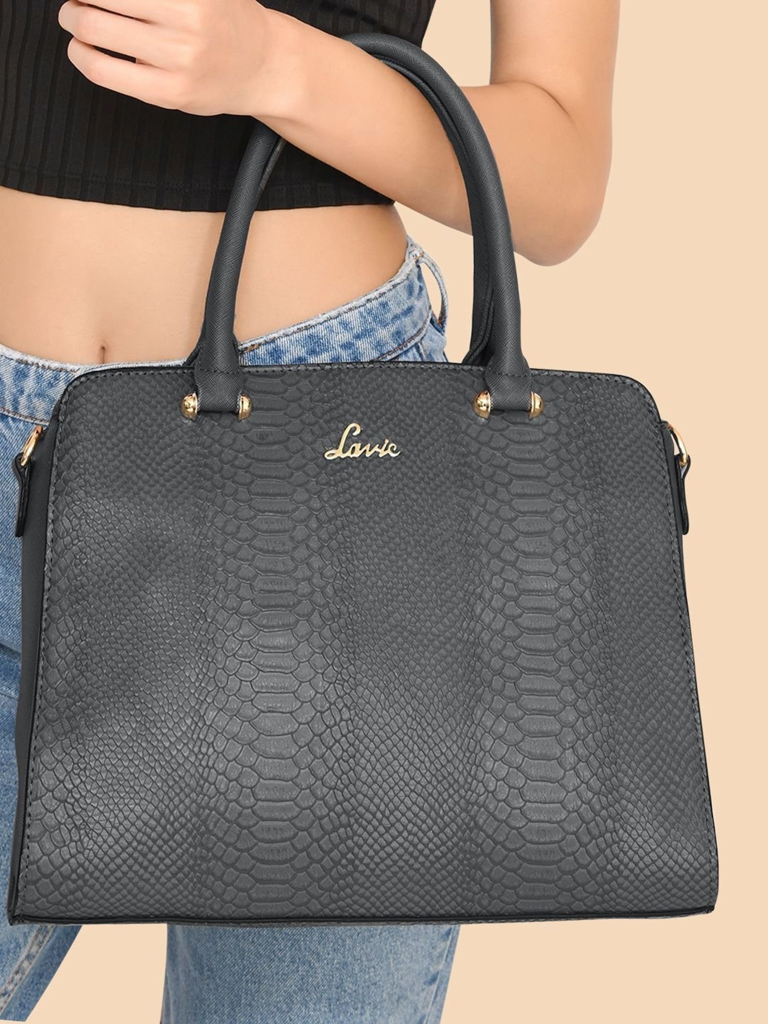 Lavie USHYCROC Grey Textured Medium Handbag