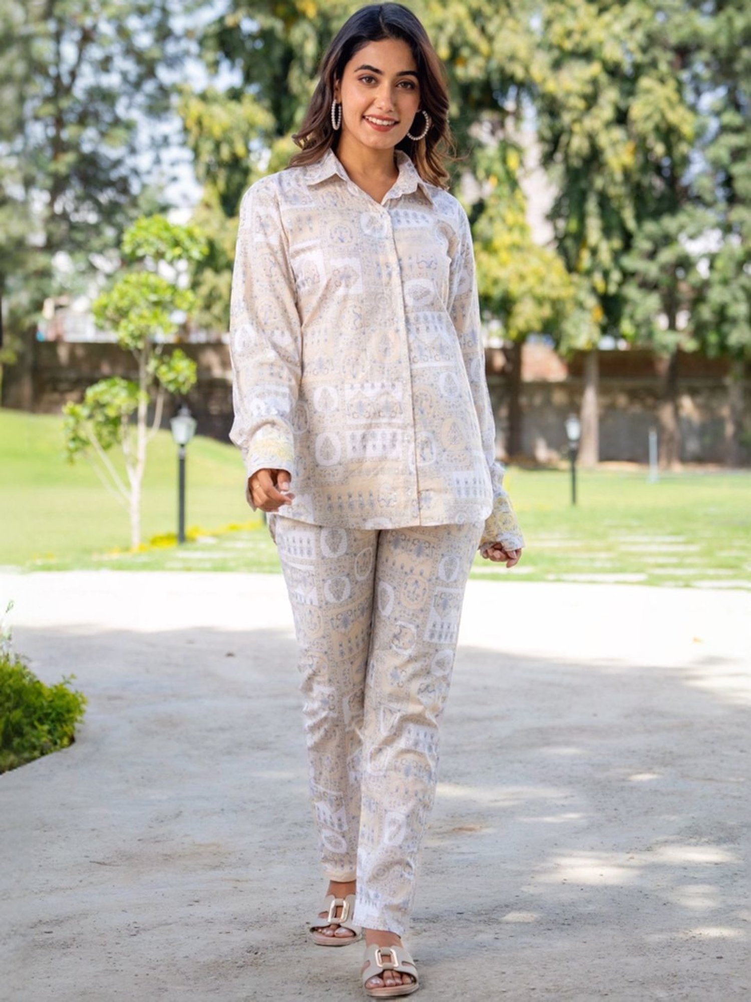 HOUSE OF JAMOTI Beige Cotton Printed Tunic Pant Set