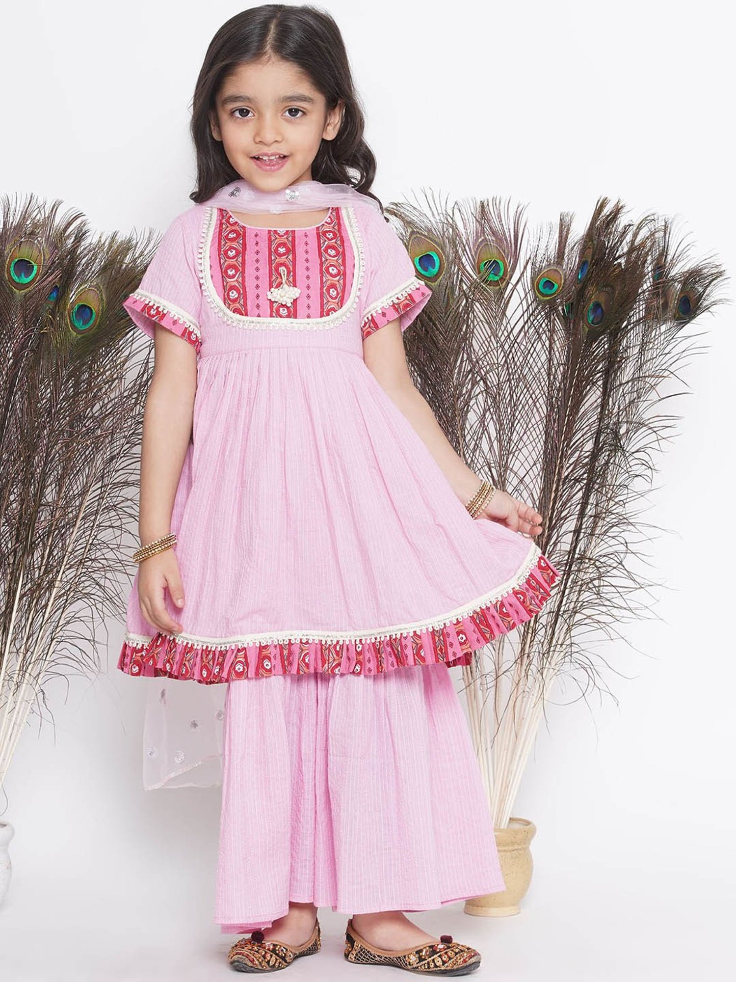 Little Bansi Kids Light Pink Printed Kurta, Salwar with Dupatta