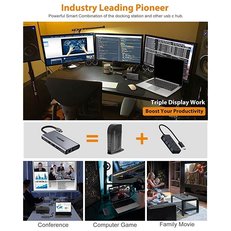 USB C Hub, USB C Laptop Docking Station,  Triple Display Type C Dock Station Adapter with 2 HDMI,VGA,PD 3.0 Type C Port,SD TF Card Reader,4 USB Ports Compatible for MacBook,Other USBC Laptop