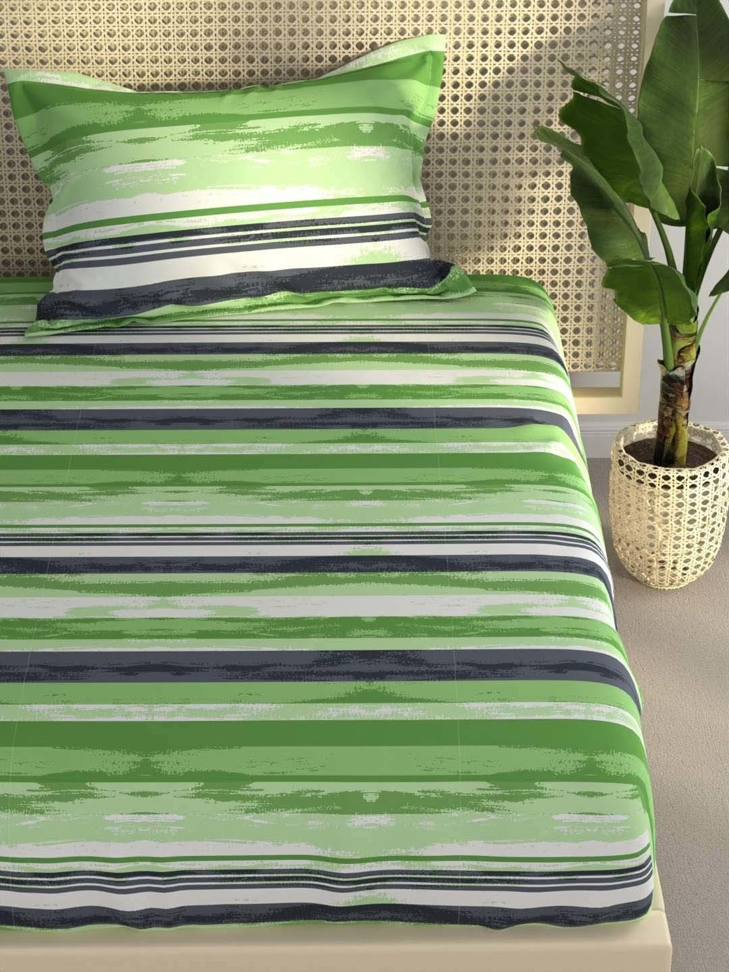 BIANCA Estonia Lime & Green Cotton 116 TC 115 GSM Single Size Bedsheet With Pillow Cover