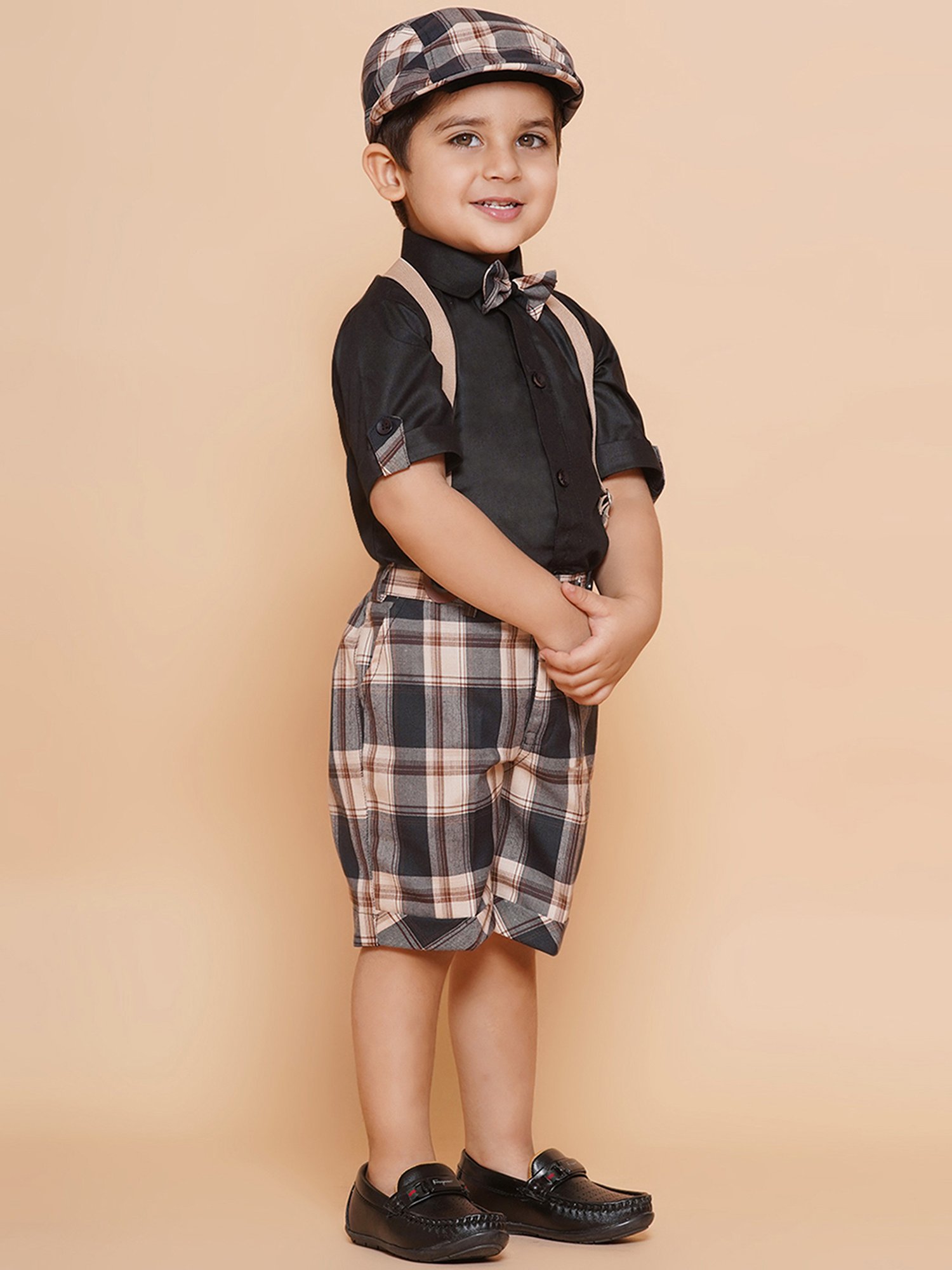 AJ Dezines Kids Beige & Black Checks Shirt, Shorts, Suspender, Bow with Cap
