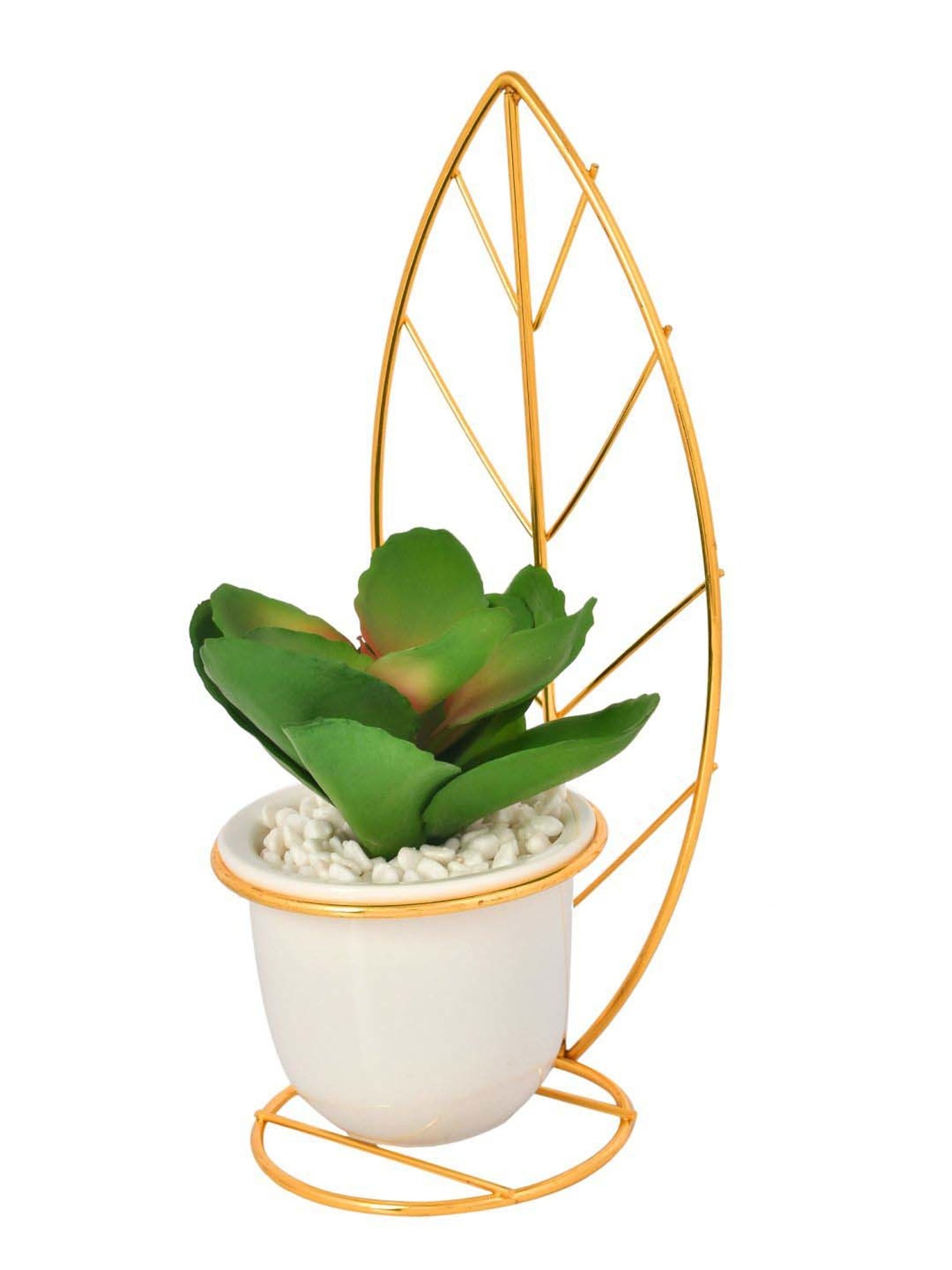 Tayhaa White & Golden Ceramic Leafy Artificial Plant With Pot