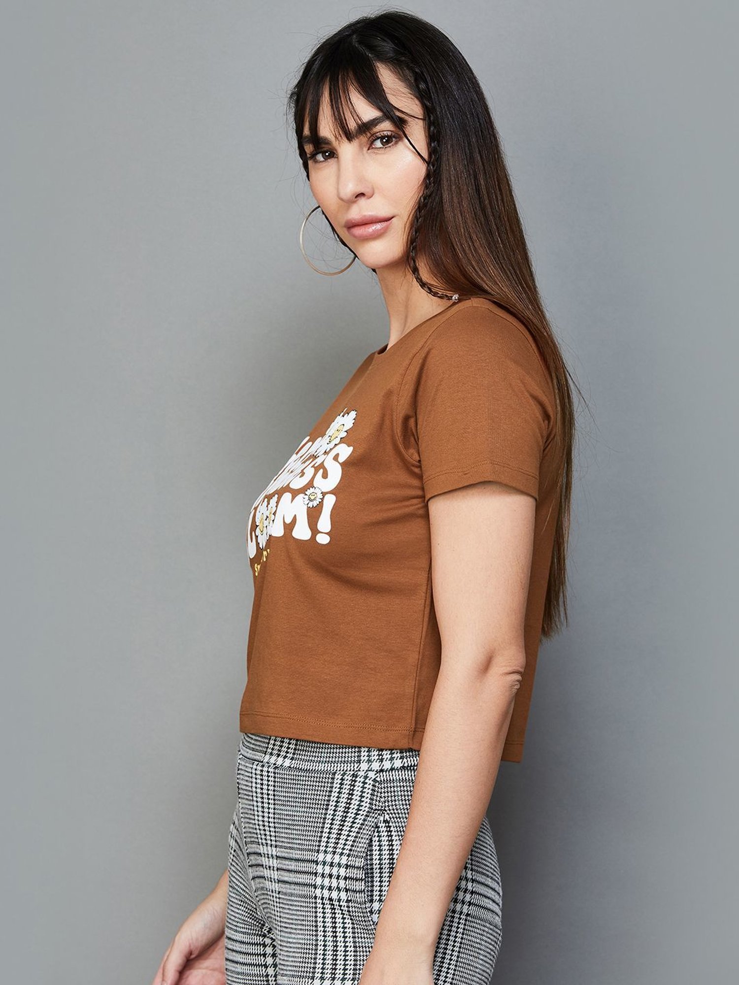 SmileyWorld Brown Cotton Printed Crop Top