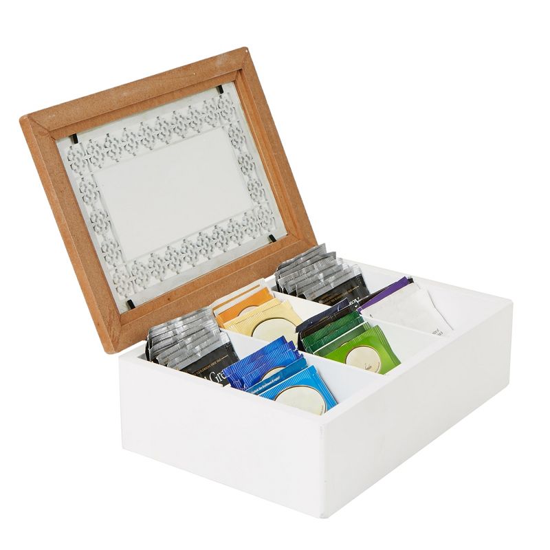MIND READER Tea Bag Sorter and Organizer [Glass Window Wood Pattern | 6 Compartments] (WHITE)