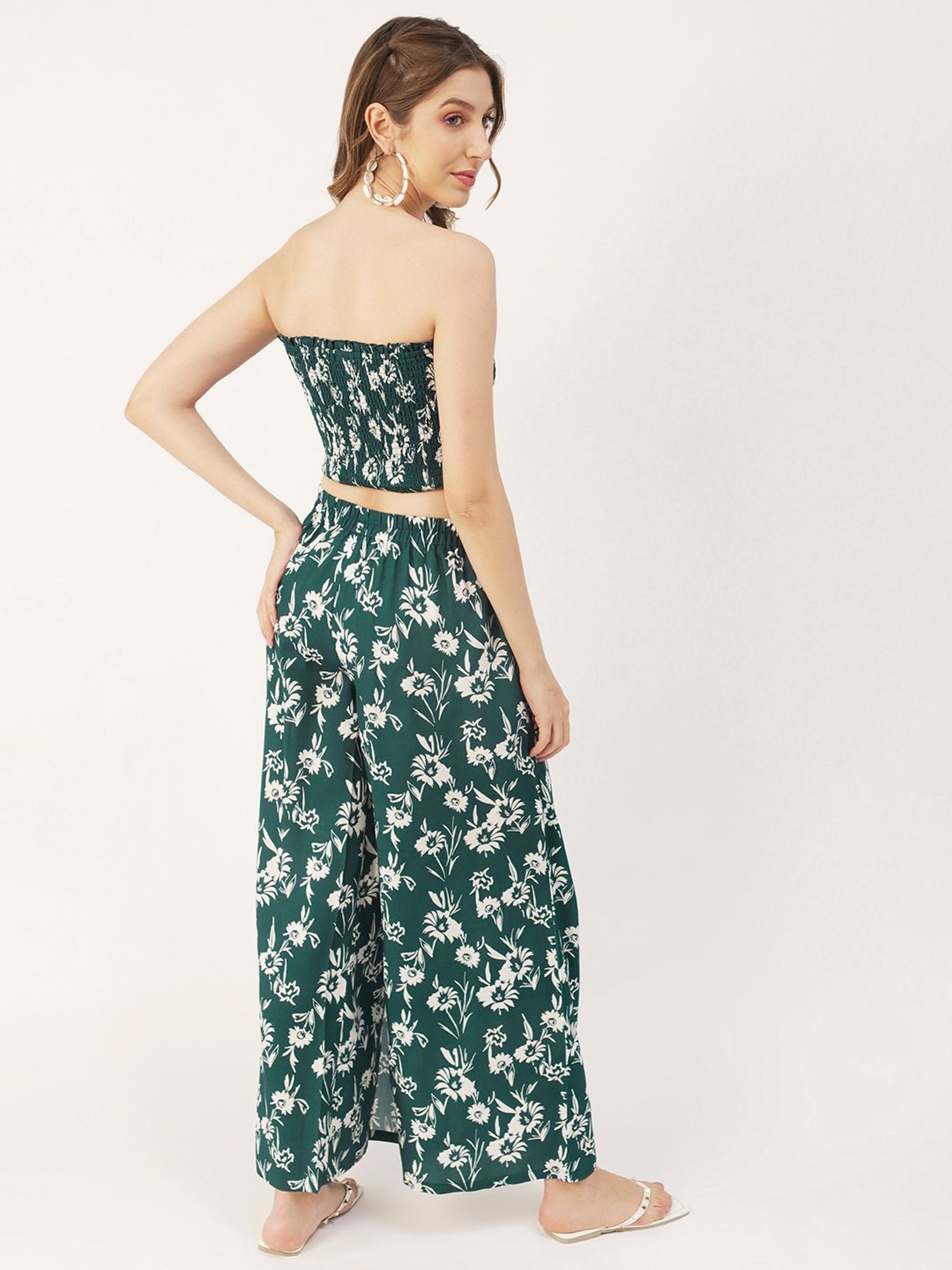 Moomaya Teal Floral Print Crop Top With Palazzos
