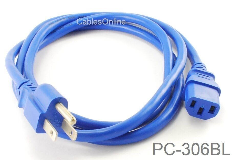 6ft 3-Conductor AC Power Cable, 18AWG, NEMA 5-15P to IEC C13, Blue, PC-306BL