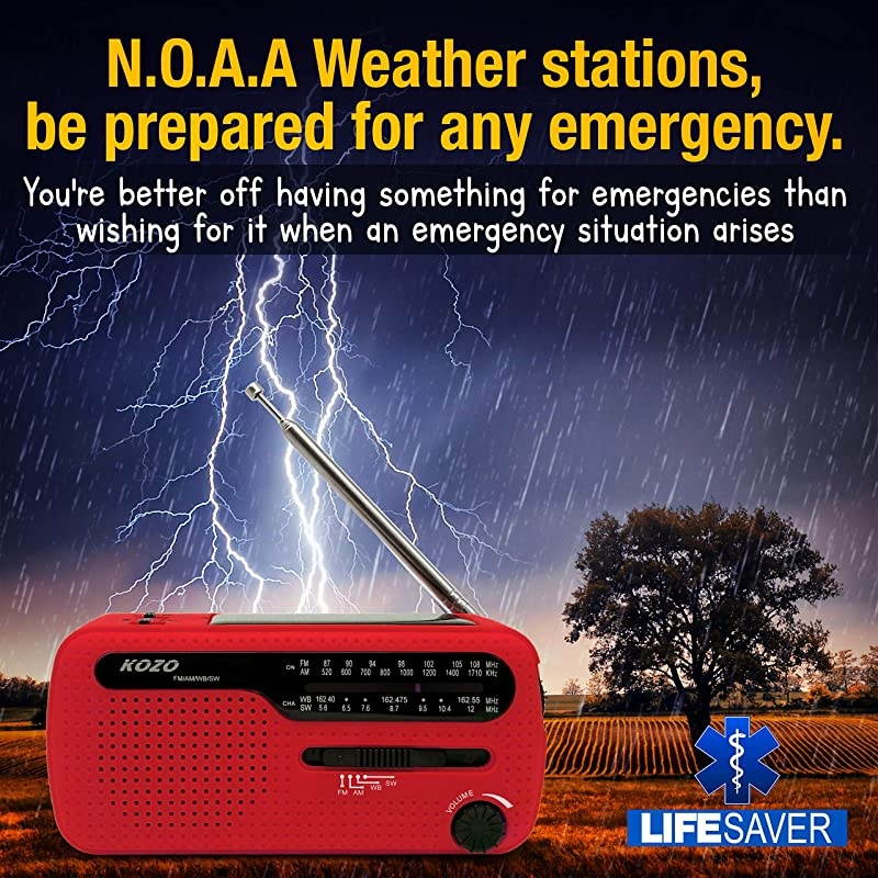 Best NOAA Weather Radio for Emergency by  Multiple Ways to Charge Self Powered by Dynamo Hand Crank Solar Panel Long Antenna to Pick Up Reception Everywhere Red