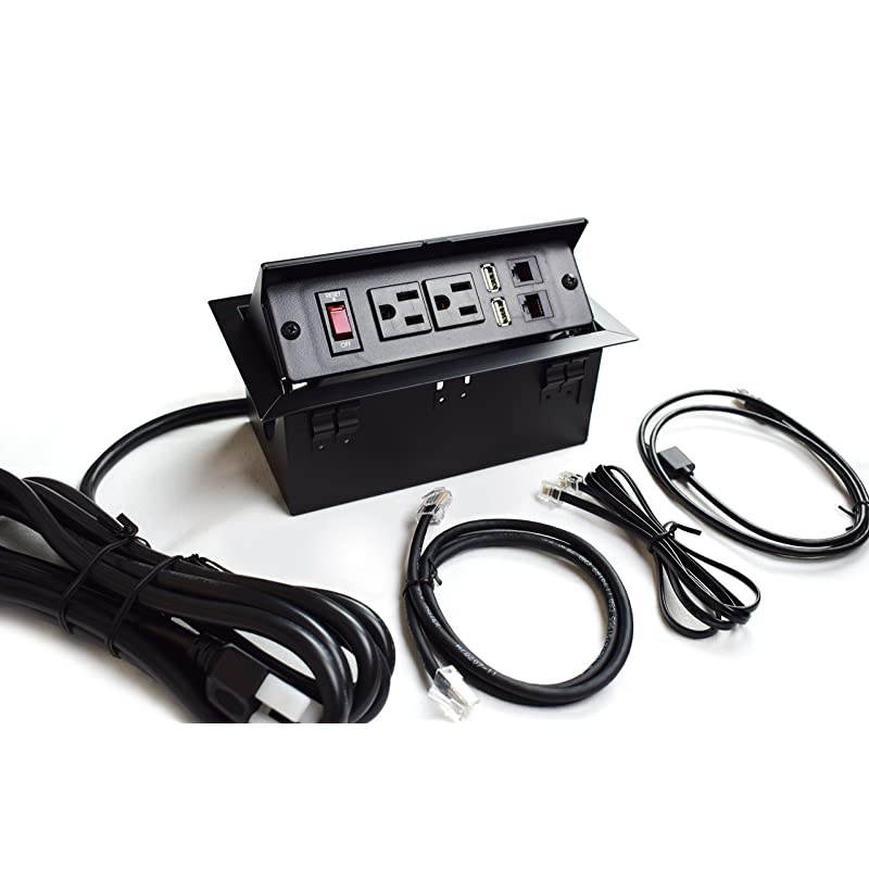 in Desk Popup Power Data Center 2 Power Plugs 2 USB Ports 1 Universal Data Port 1 Phone Jack Surge Protected UL Certified