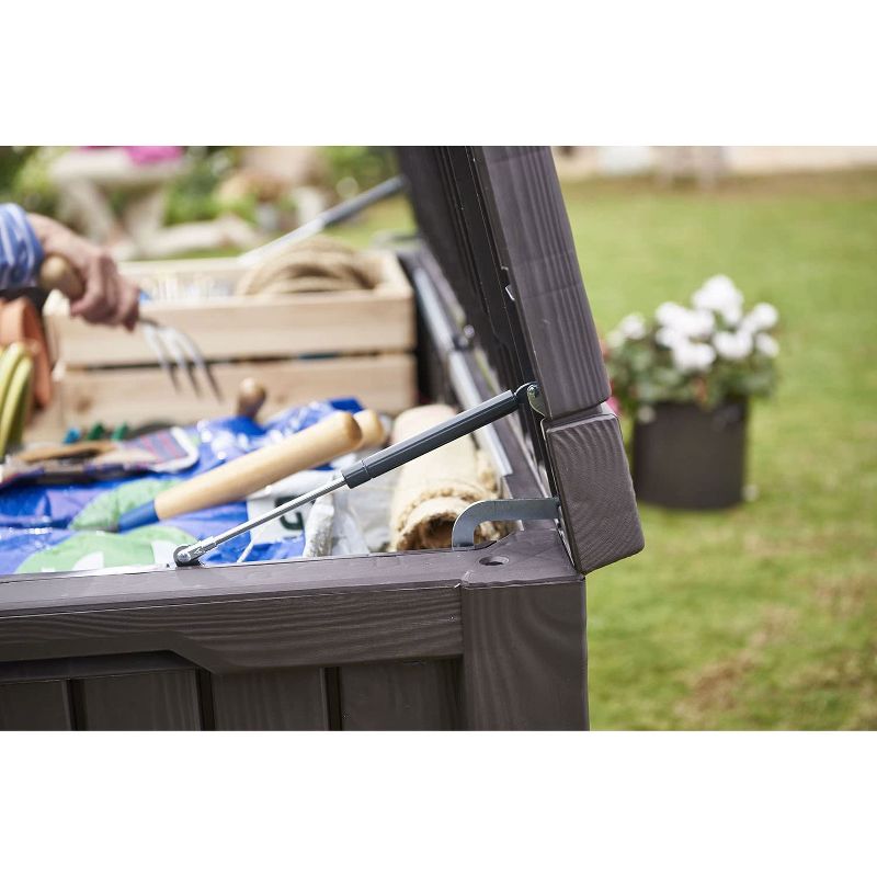 Keter 209721 Large 150 Gallon Waterproof All Weather Resistant Wood Panel Outdoor Backyard Rockwood Patio Porch Deck Garden Storage Box Bench, Brown