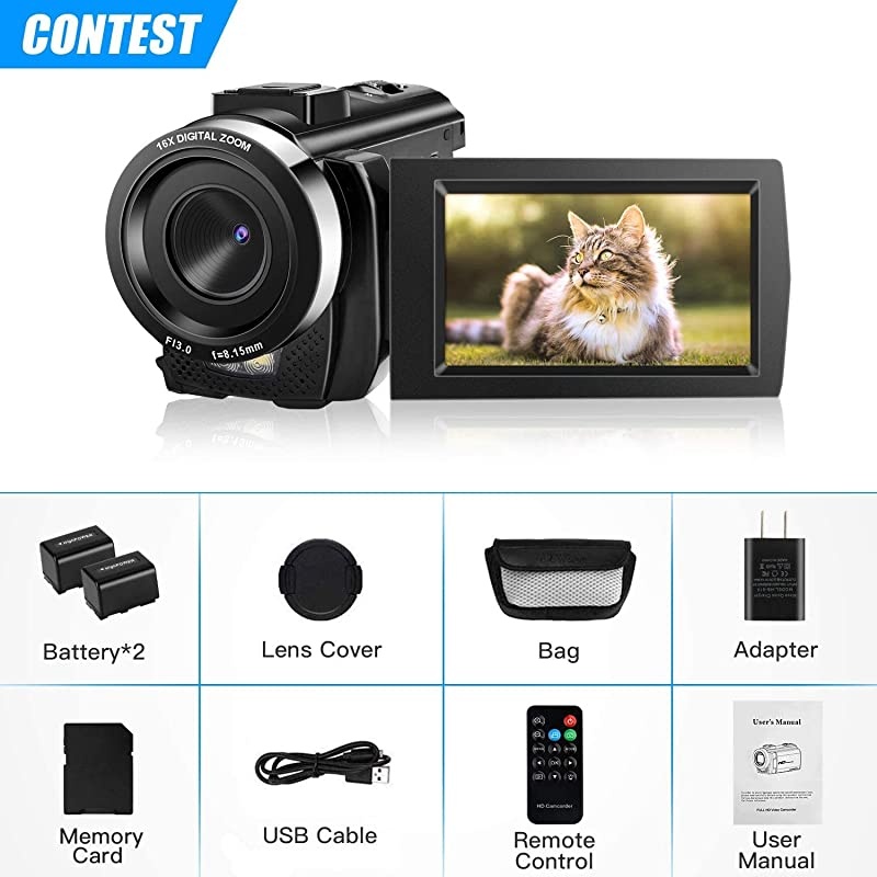 Video Camera Camcorder Full HD 1080P 30FPS Digital Camera 16X Digital Zoom Camcorder Vlogging Camera for YouTube 30 Inch LCD 270 Degrees IPS Screen LED with 2 Batteries