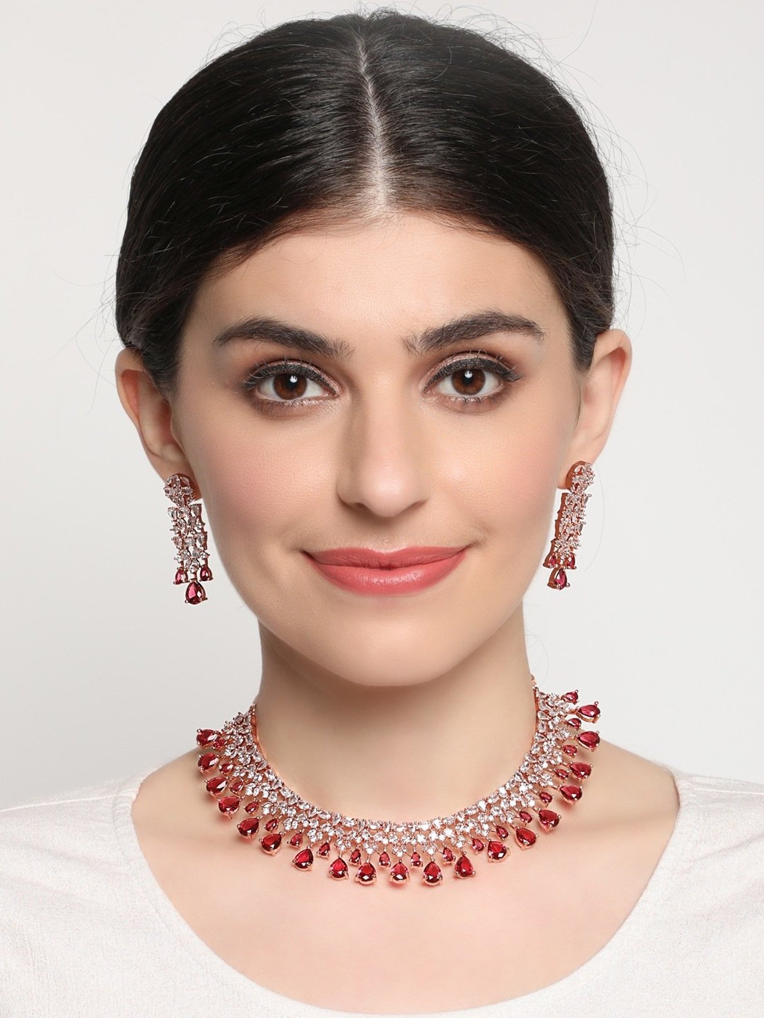 Aatmana Maroon American Diamond Rose Gold-Plated Necklace & Earring Set