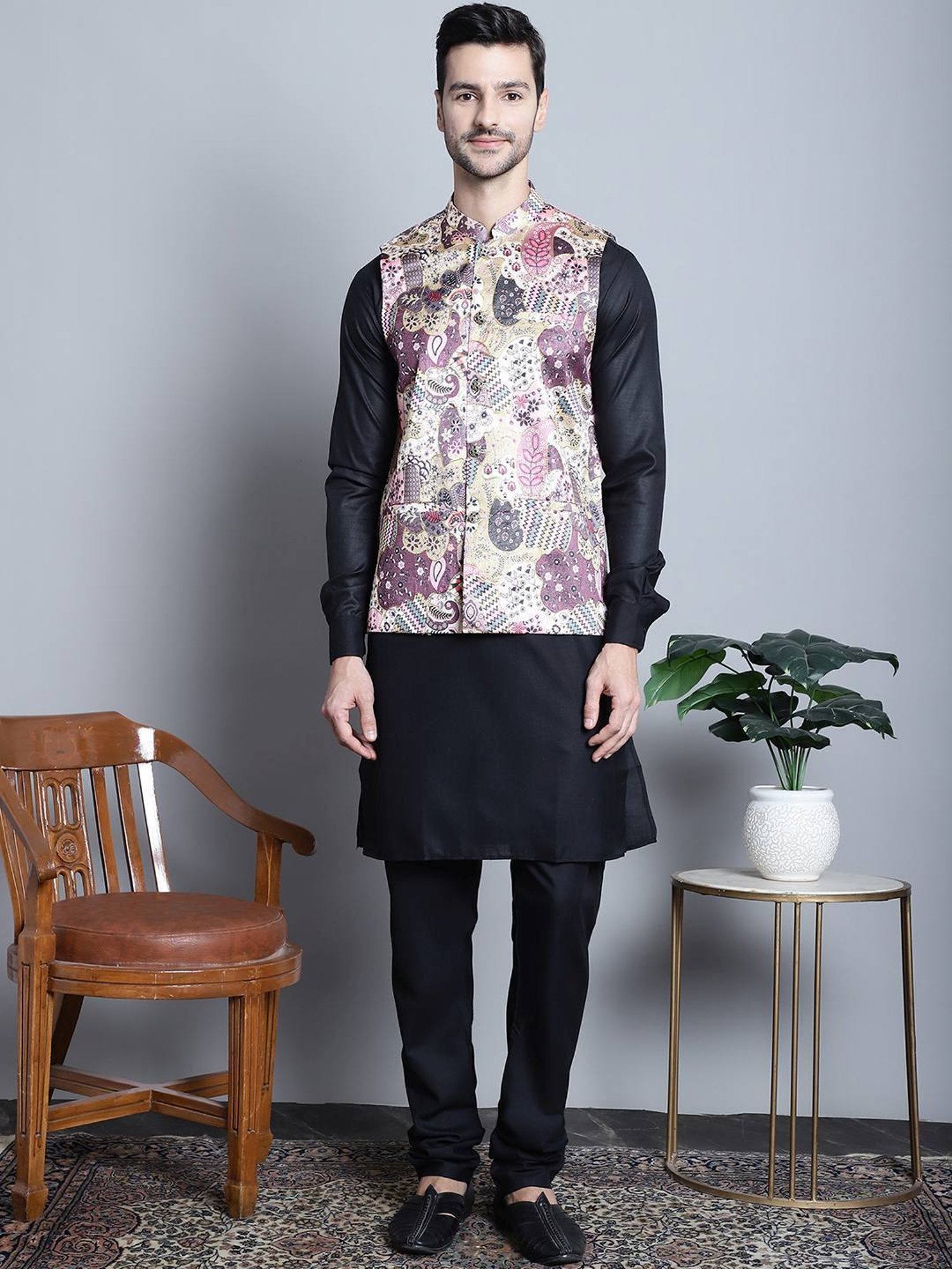 Jompers Purple  Regular Fit Printed Nehru Jacket
