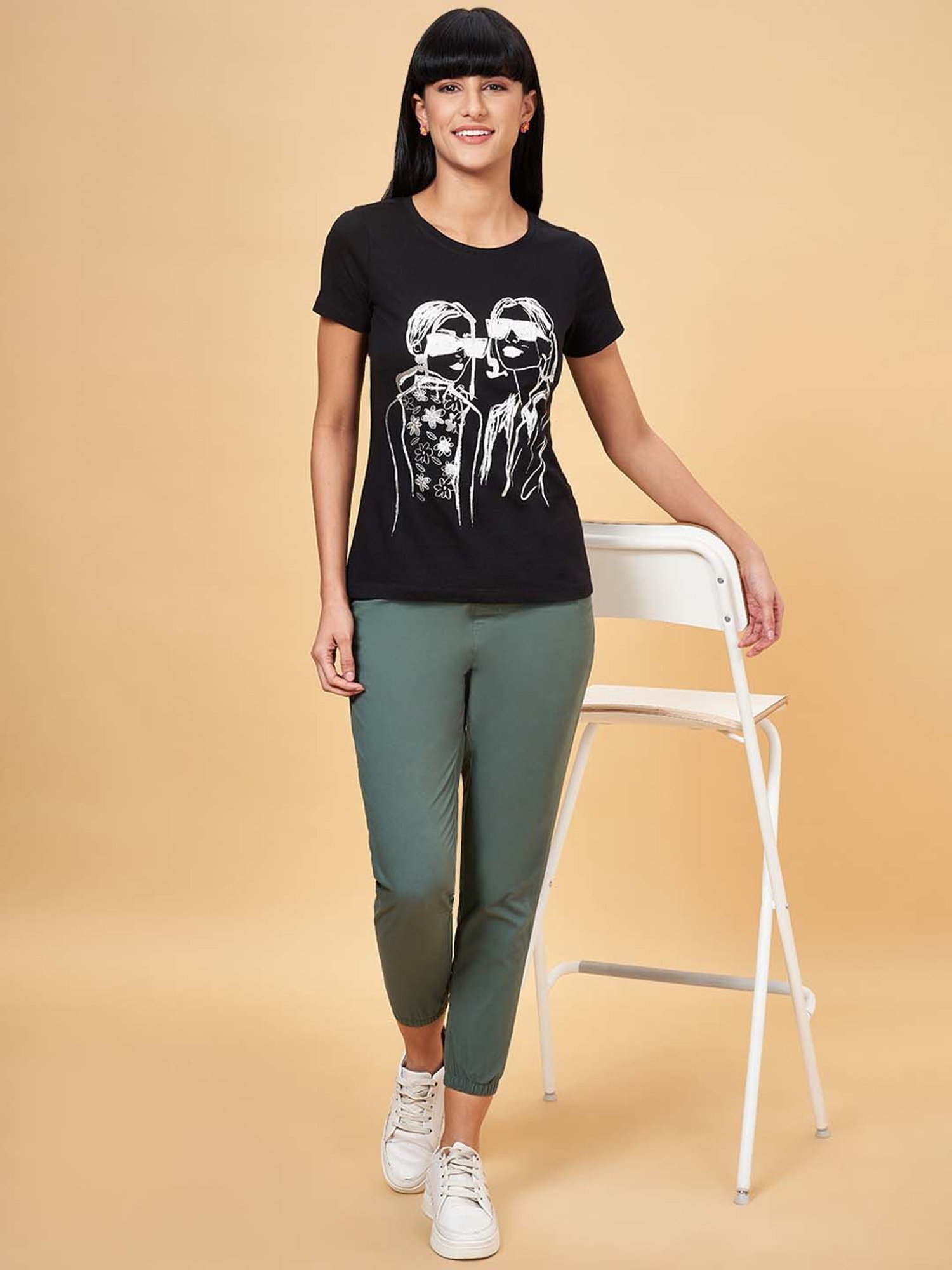 Honey by Pantaloons Black Cotton Printed T-Shirt