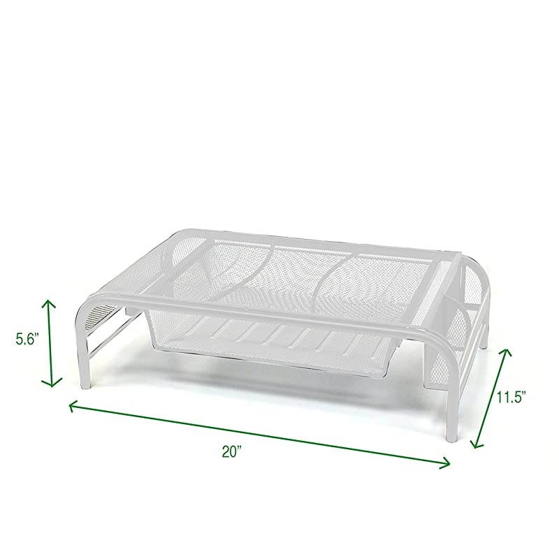 MESHMONSTA-WHT Monitor Stand, Metal Mesh Stand & Desk Organizer with Drawer, White