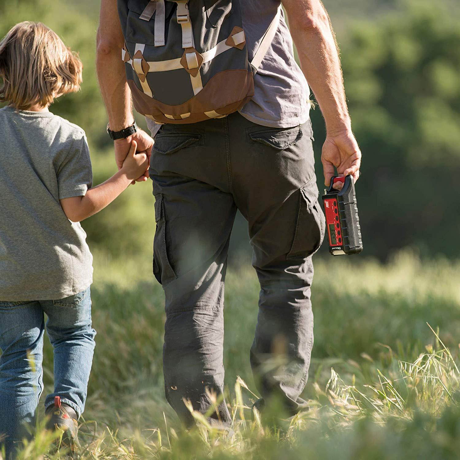 Midland - ER310, Emergency Crank Weather AM/FM Radio - Multiple Power Sources, SOS Emergency Flashlight, Ultrasonic Dog Whistle, NOAA Weather Scan + Alert (Red/Black)