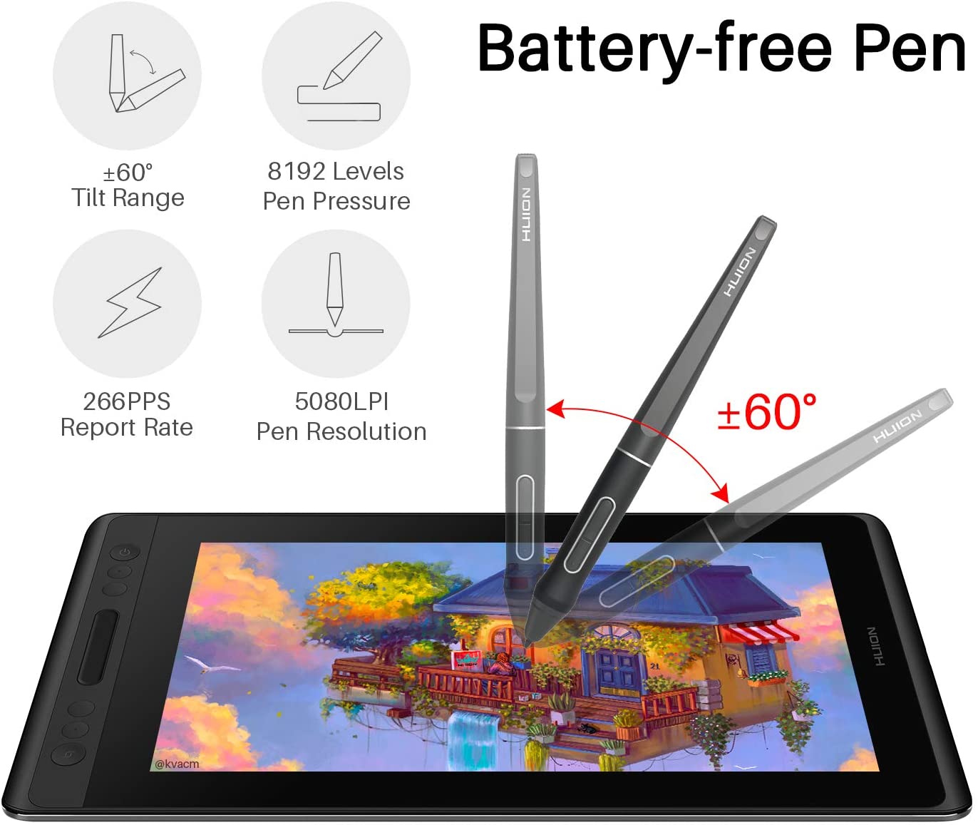 Huion KAMVAS Pro 13 Graphics Drawing Monitor Pen Display Tilt Function 8192 Pen Pressure Battery-Free Stylus, Full-Laminated Screen, 120% sRGB(No Stand)