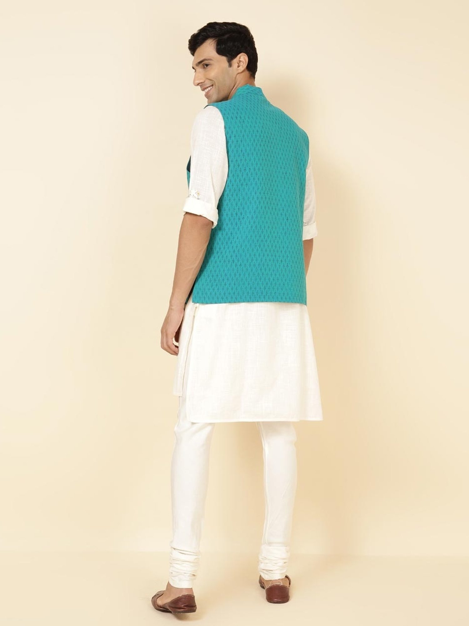 Fabindia Teal Cotton Regular Fit Printed Nehru Jacket