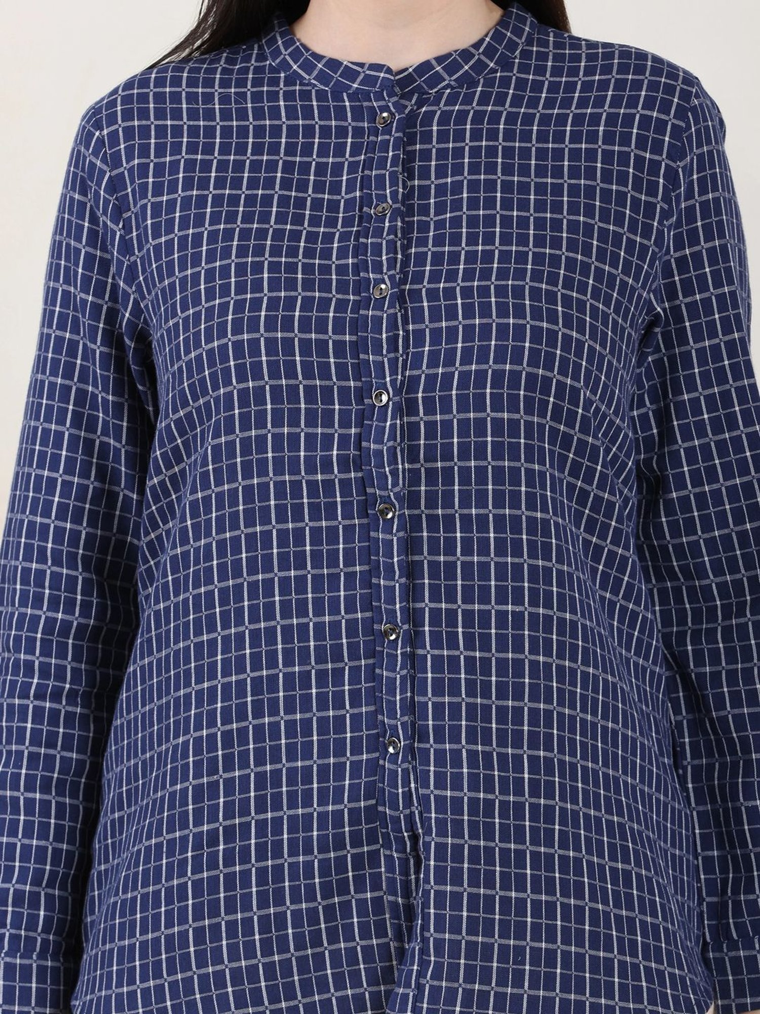 W Navy Cotton Chequered Top