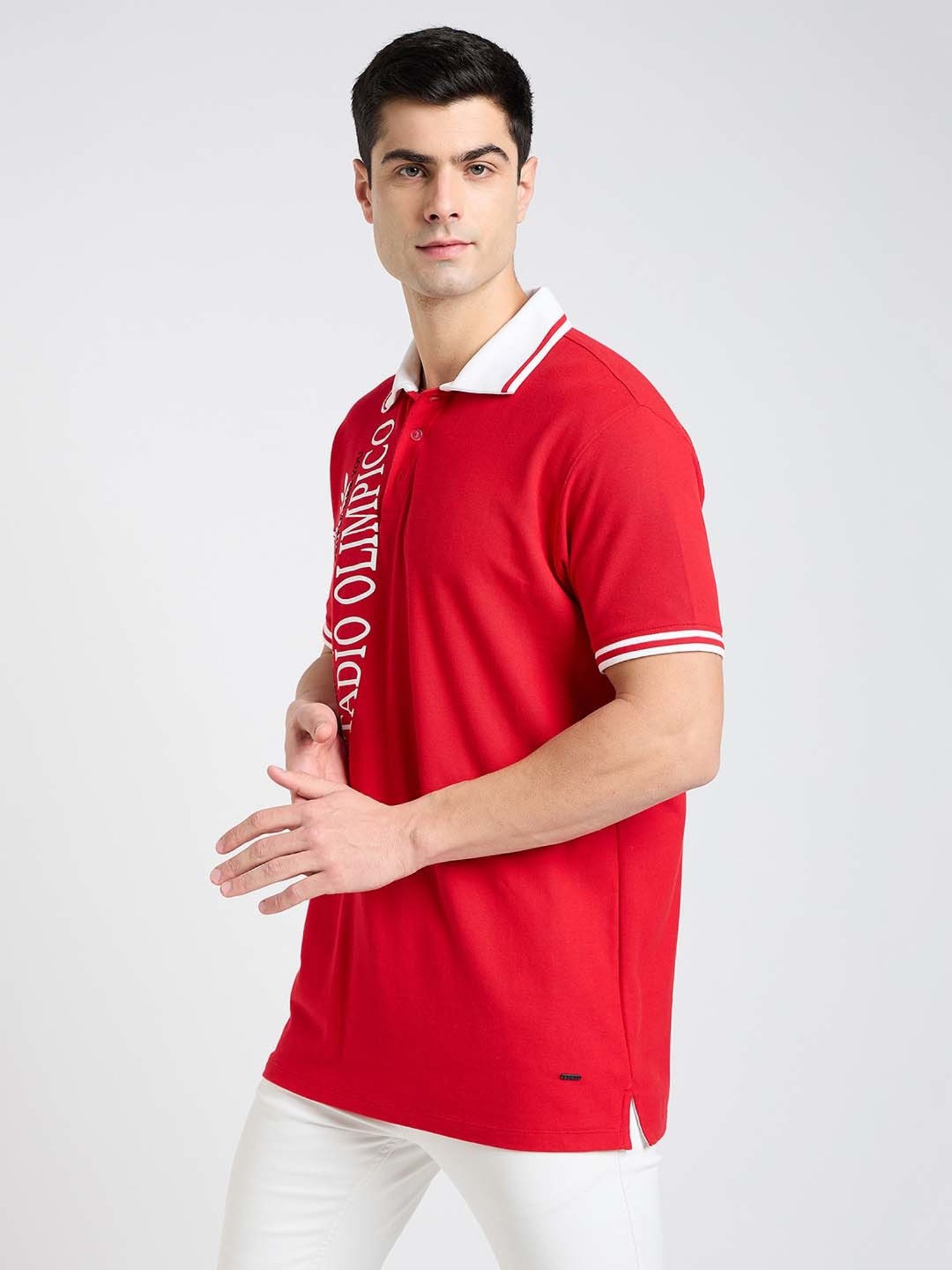 EDRIO Red Regular Fit Printed Polo T-Shirt