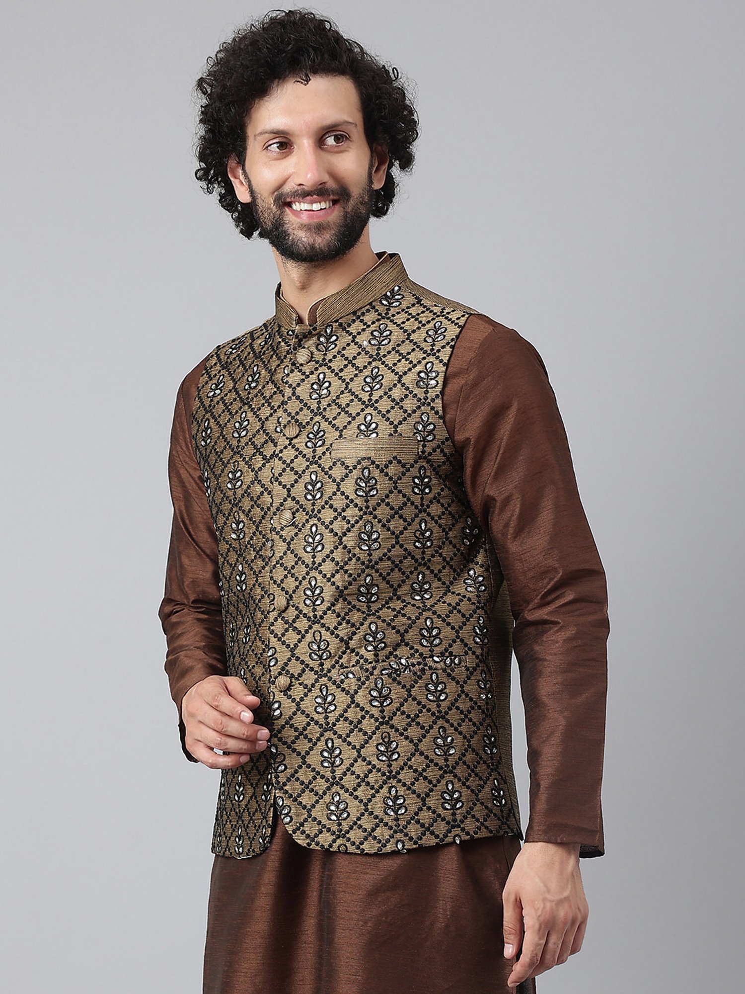 Hangup Plus Brown Regular Fit Embroidered Nehru Jacket