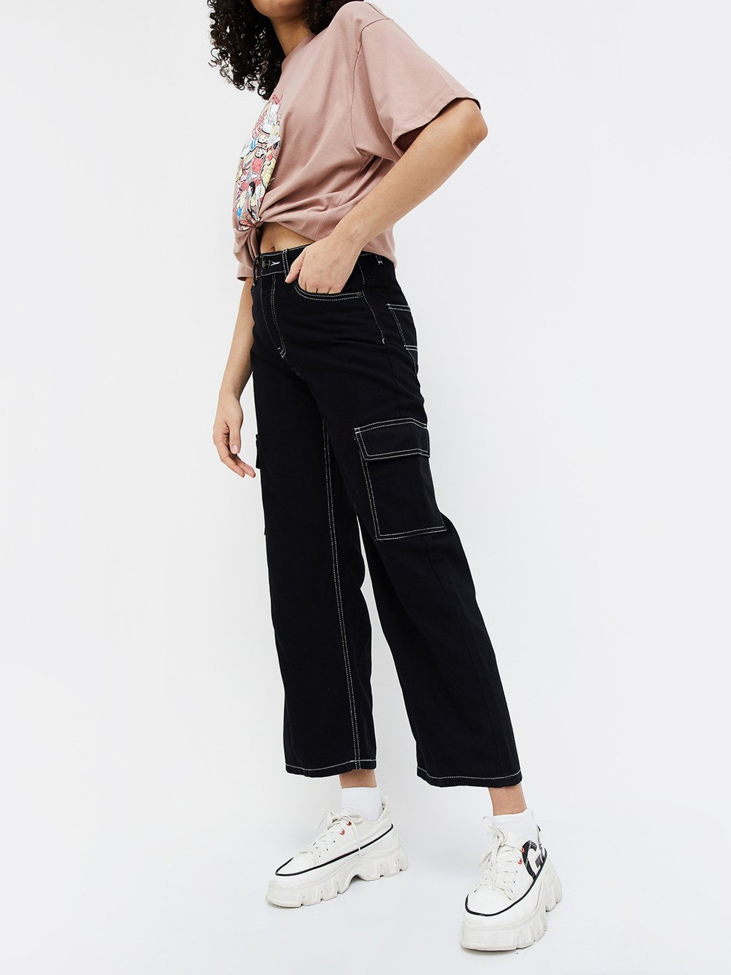 Ginger by Lifestyle Black Cotton Regular Fit Mid Rise Cargo Jeans