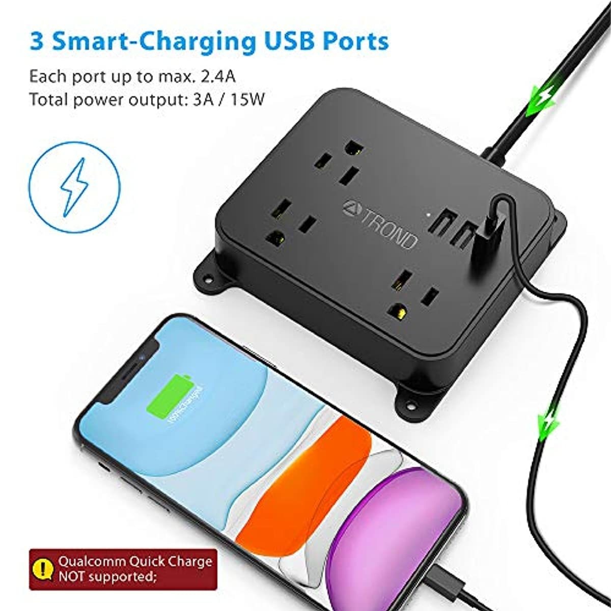 Power Strip with USB, TROND Wall Mountable Outlet Extender with 3 Widely Spaced Outlets and 3 USB Ports, Flat Plug, 4.5ft Extension Cord, for Home Office Nightstand, Black