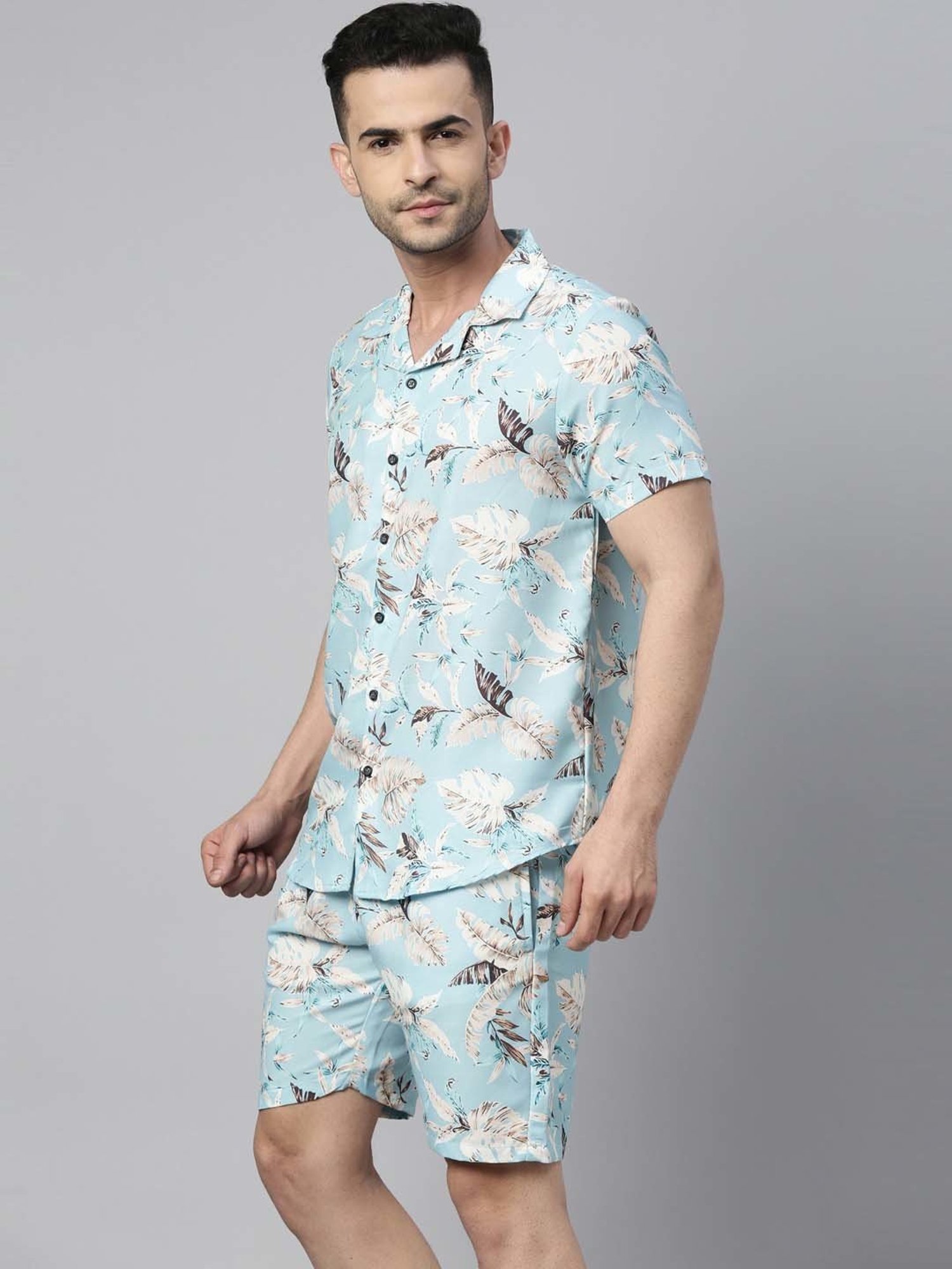 Bushirt Light Blue Regular Fit Printed Shirt & Shorts Set