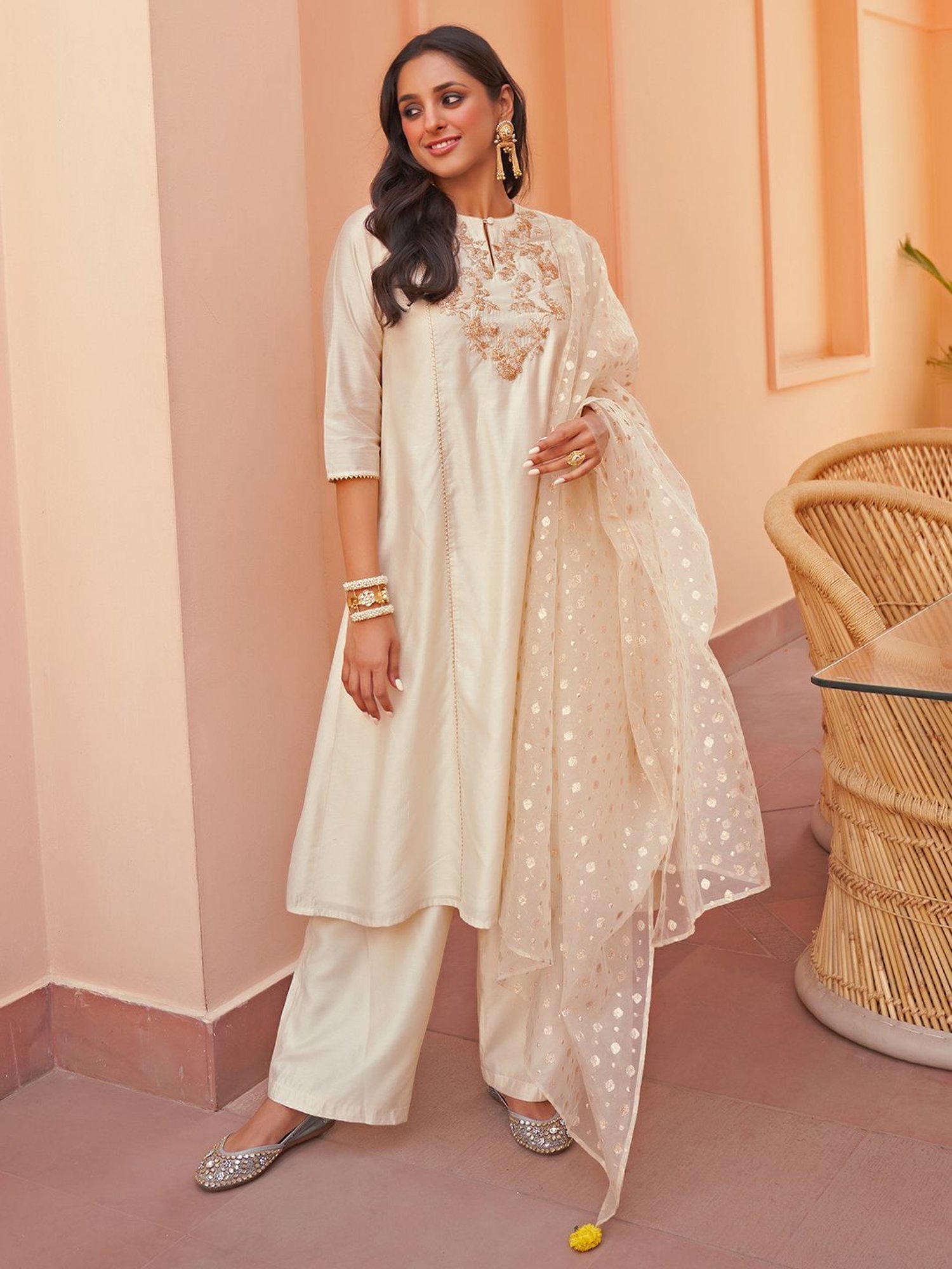 Janasya Off-White Embroidered Kurta Palazzo Set With Dupatta