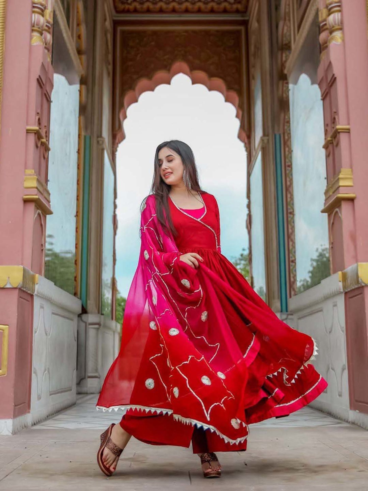 AACHHO Red Kurta Palazzo Set With Dupatta