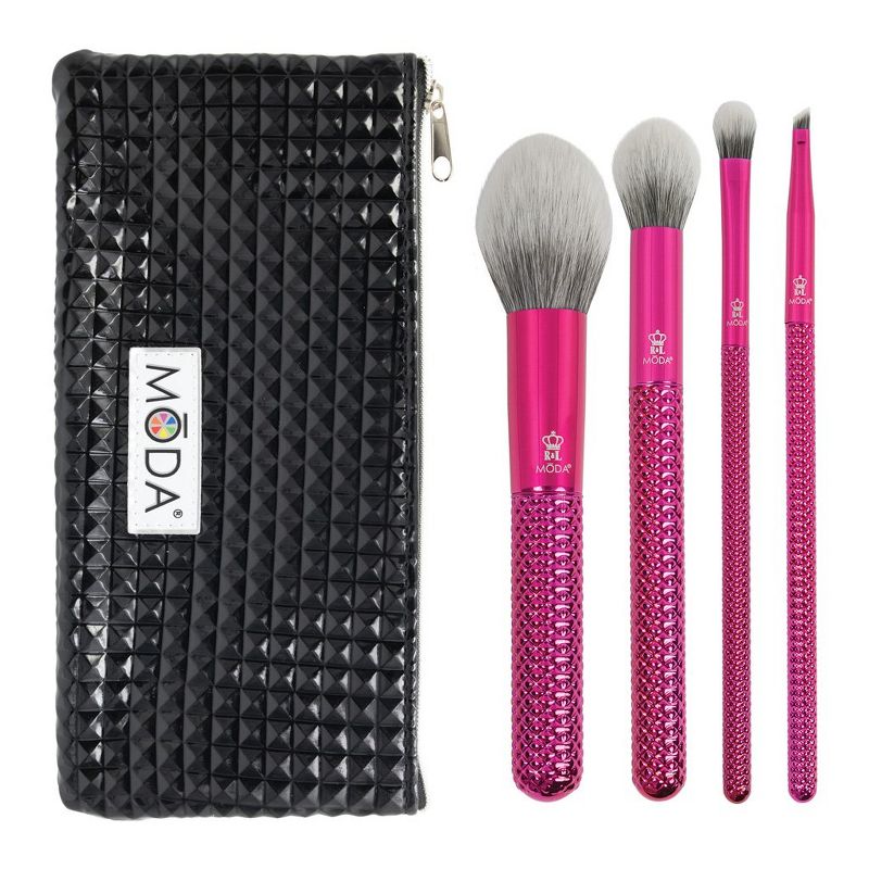 MODA Brush Metallics 5pc Picture Perfect Pink Makeup Brush Set with Black Studded Zip Case, Includes - Blush, Contour, Shader and Angle Liner Brushes