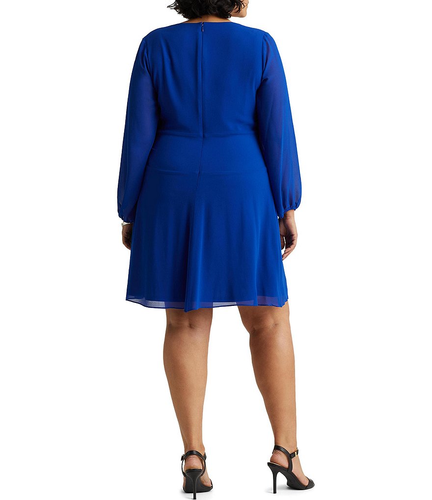 Lauren Ralph Lauren Plus Size Georgette Long Sleeve V-Neck A-Line Dress