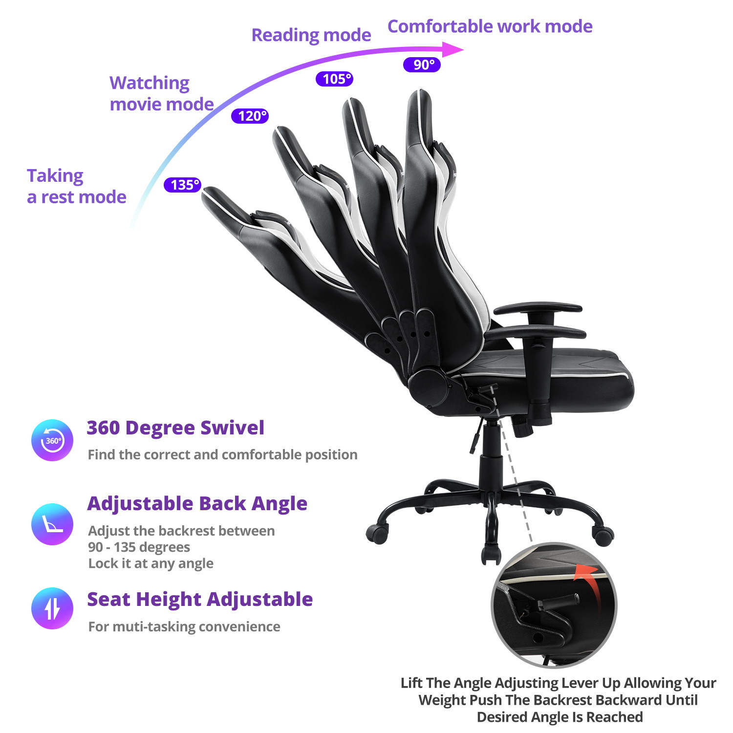 Gaming Chair, Racing Style Computer Desk Chair Padded Armrests Ergonomic Lumbar Support Adjustable Height