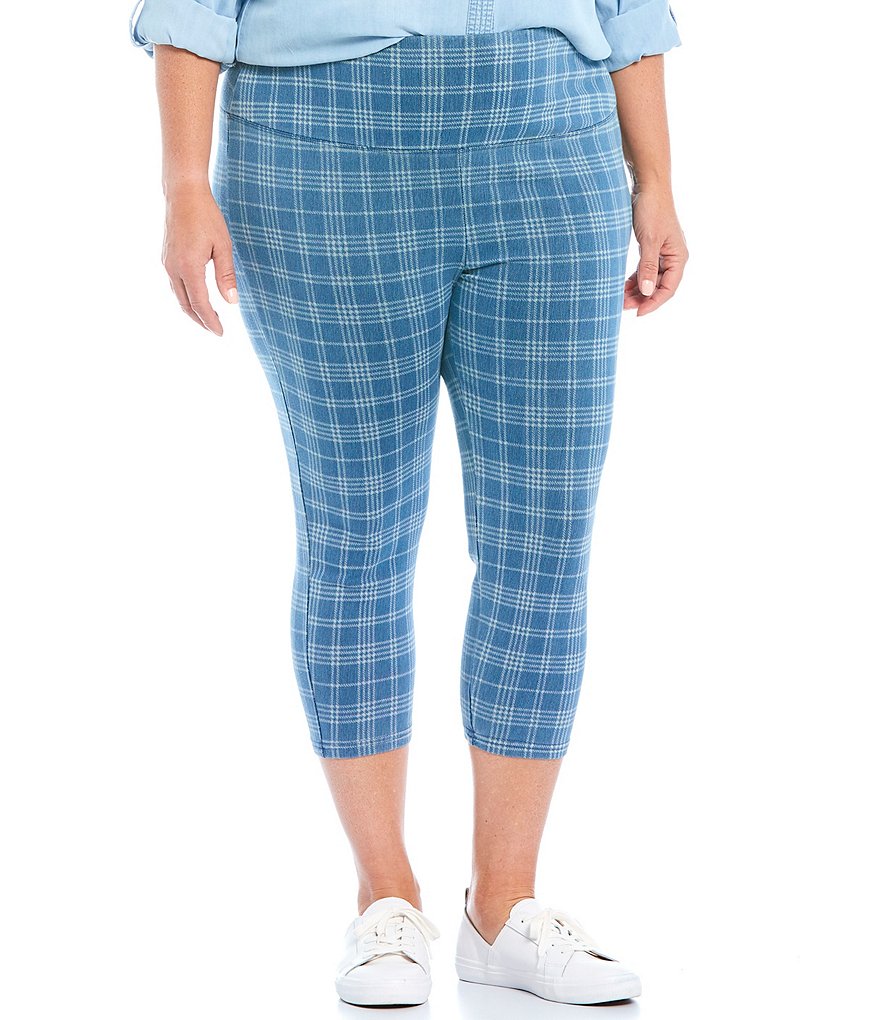 Intro Plus Size Teri Love The Fit Plaid Indigo Knit Twill Capri Pull-On Leggings