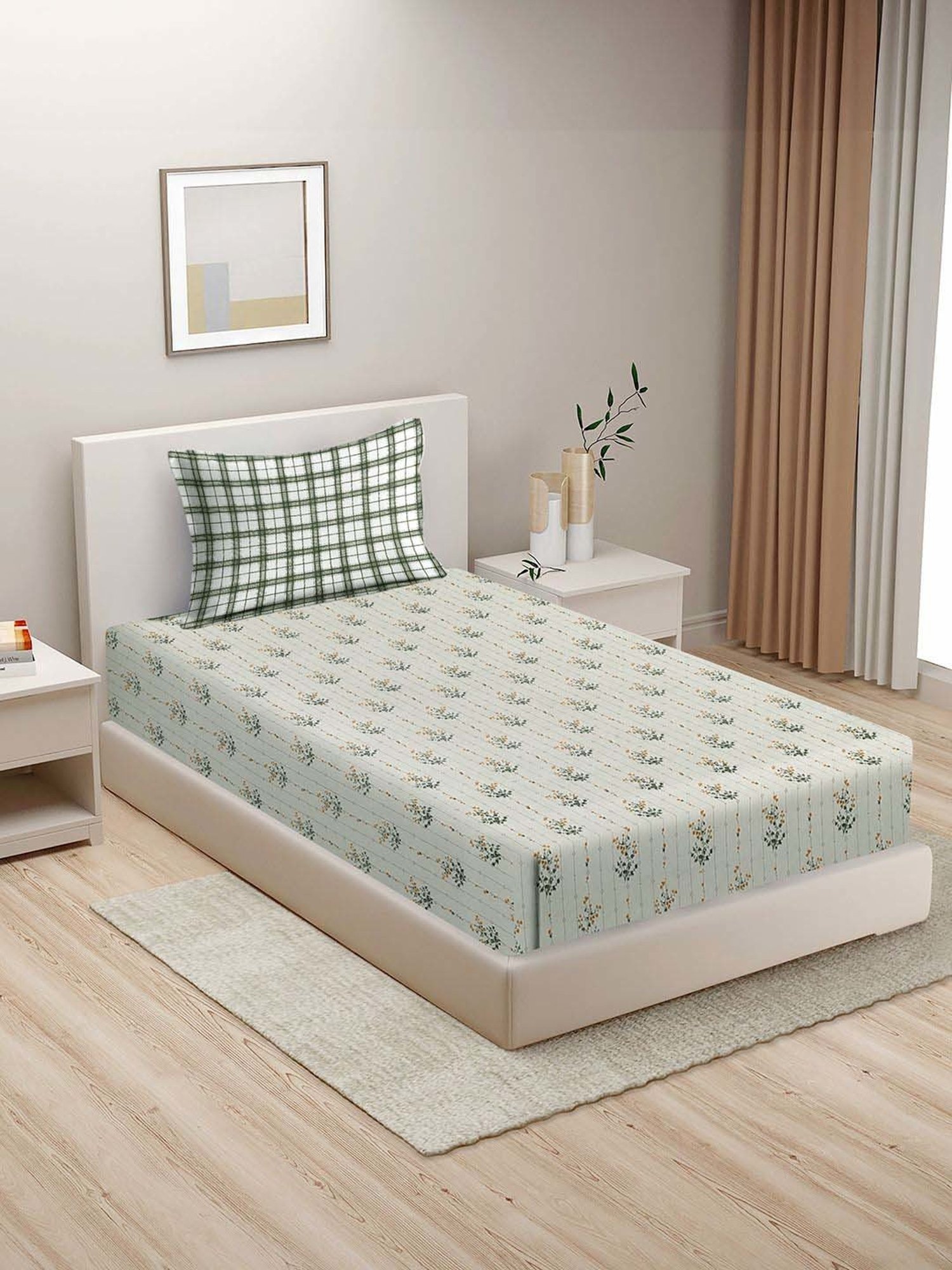 HOSTA HOMES Grey & White Cotton 280 TC Single Bedsheet with 1 Pillow cover