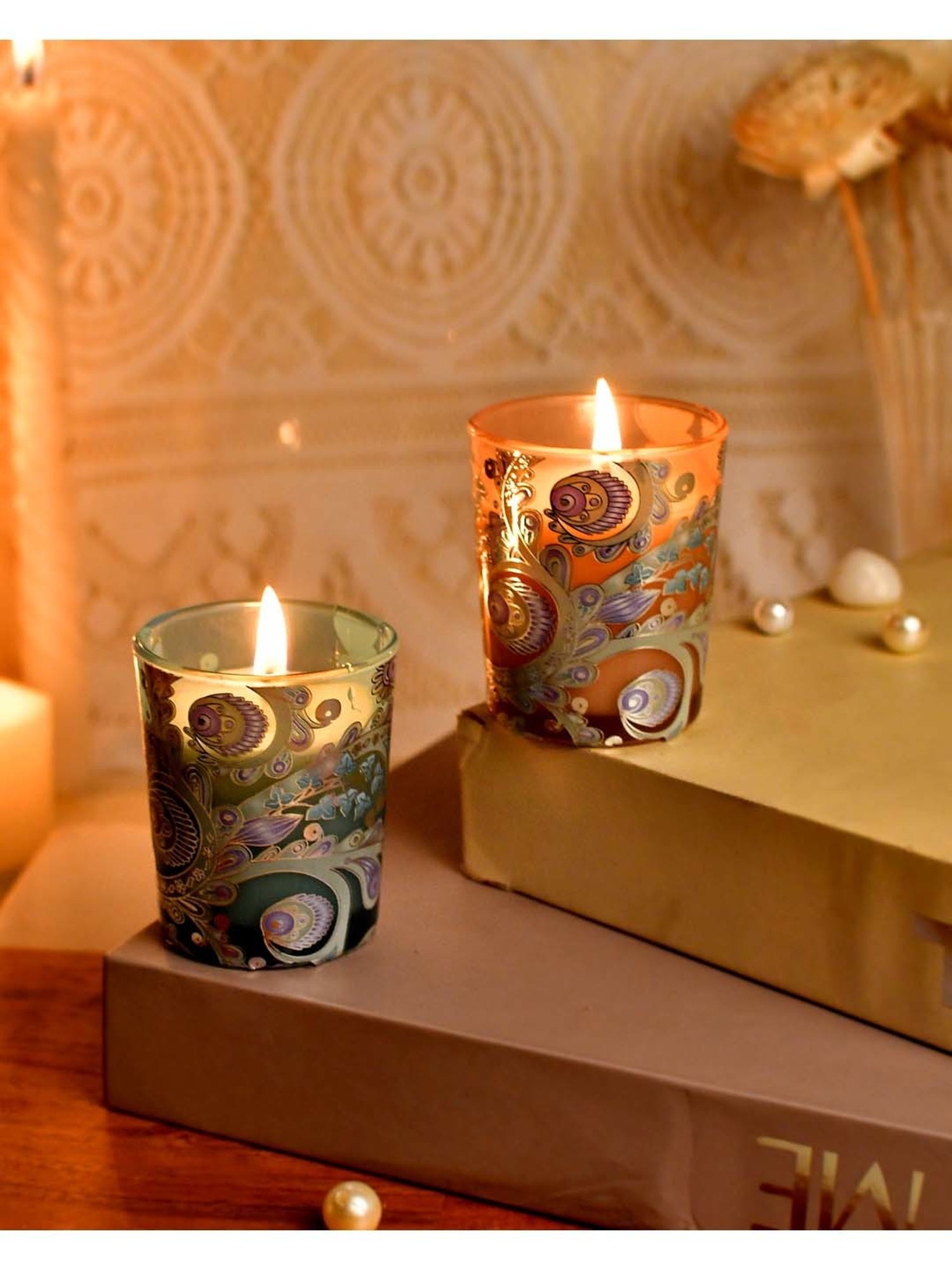 TAYHAA Blue & Peach Wax Illuminated Candle - Set of 2