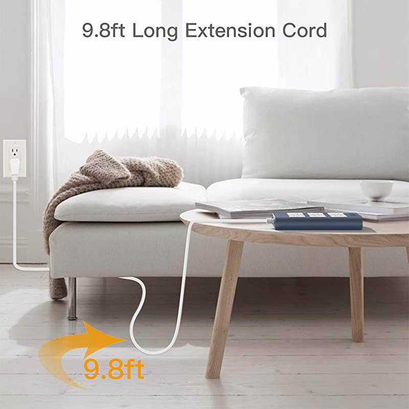 Long Extension Cord Surge Protector JACKYLED 15A Power Strip Flat Plug 6 Outlets 31A 4 USB Ports Fast Charging Fireproof Electric Outlet Desktop Charger for Home Office Kitchen Blue White