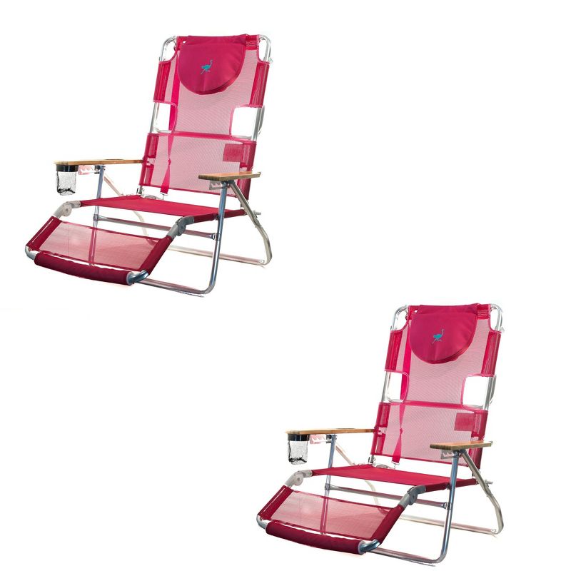 Ostrich 3-N-1 Lightweight Comfortable Aluminum Multi-Position Relaxing Reclining Beach Chair, Pink (2 Pack)