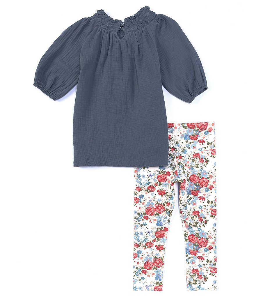 Bonnie Jean Little Girls 2T-6X Smocked Gauze Tunic Top & Floral Leggings Set