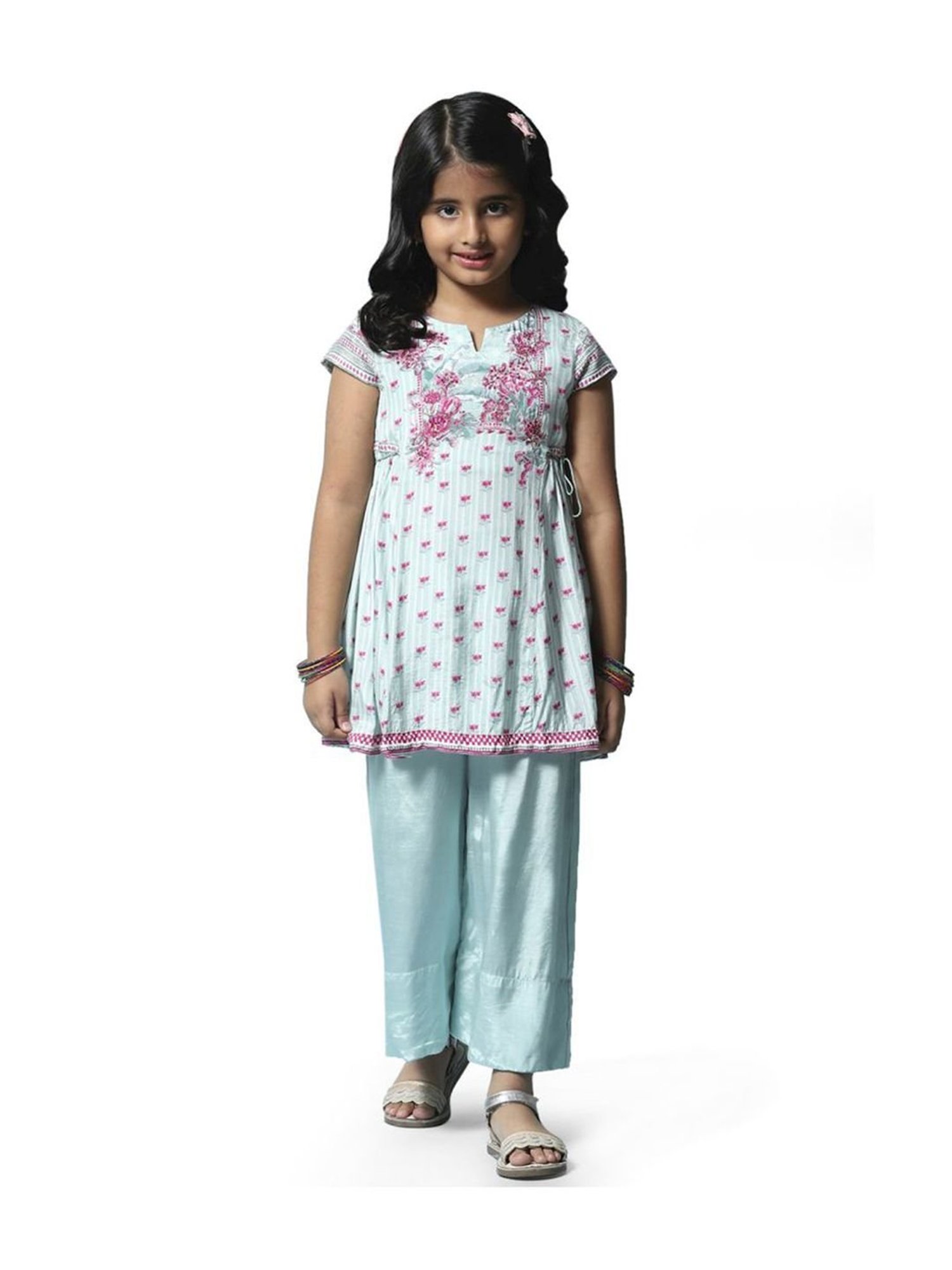 Biba Girls Sea Blue & Pink Floral Print Kurta Set