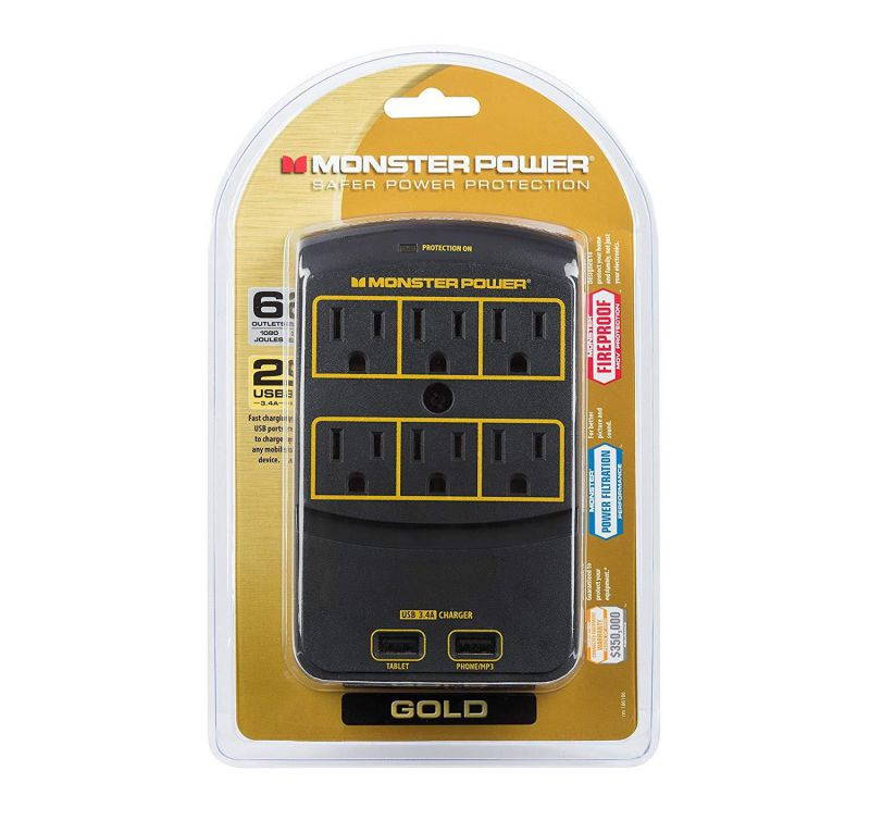 Monster Power - Gold 650 USB+, 6 AC Outlets, 2 USB 3.4AMP outlets, 1080 Joules, and FireProof MOV