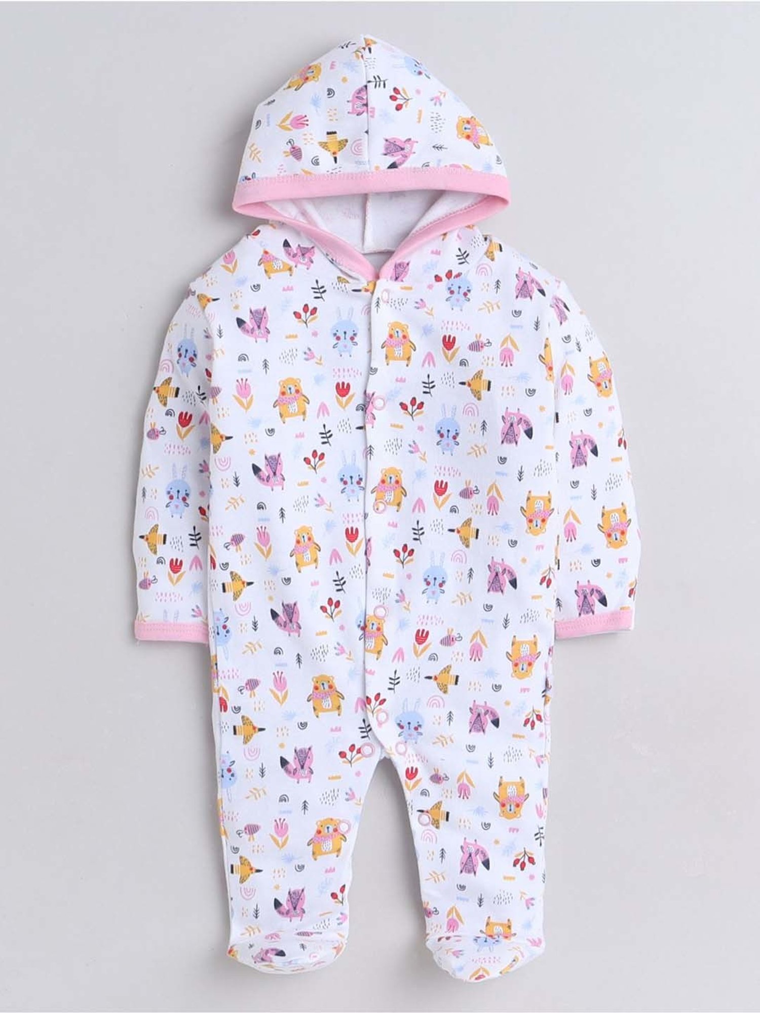 Bumzee Kids Pink & White Cotton Printed Full Sleeves Sleepsuit (Pack of 2)