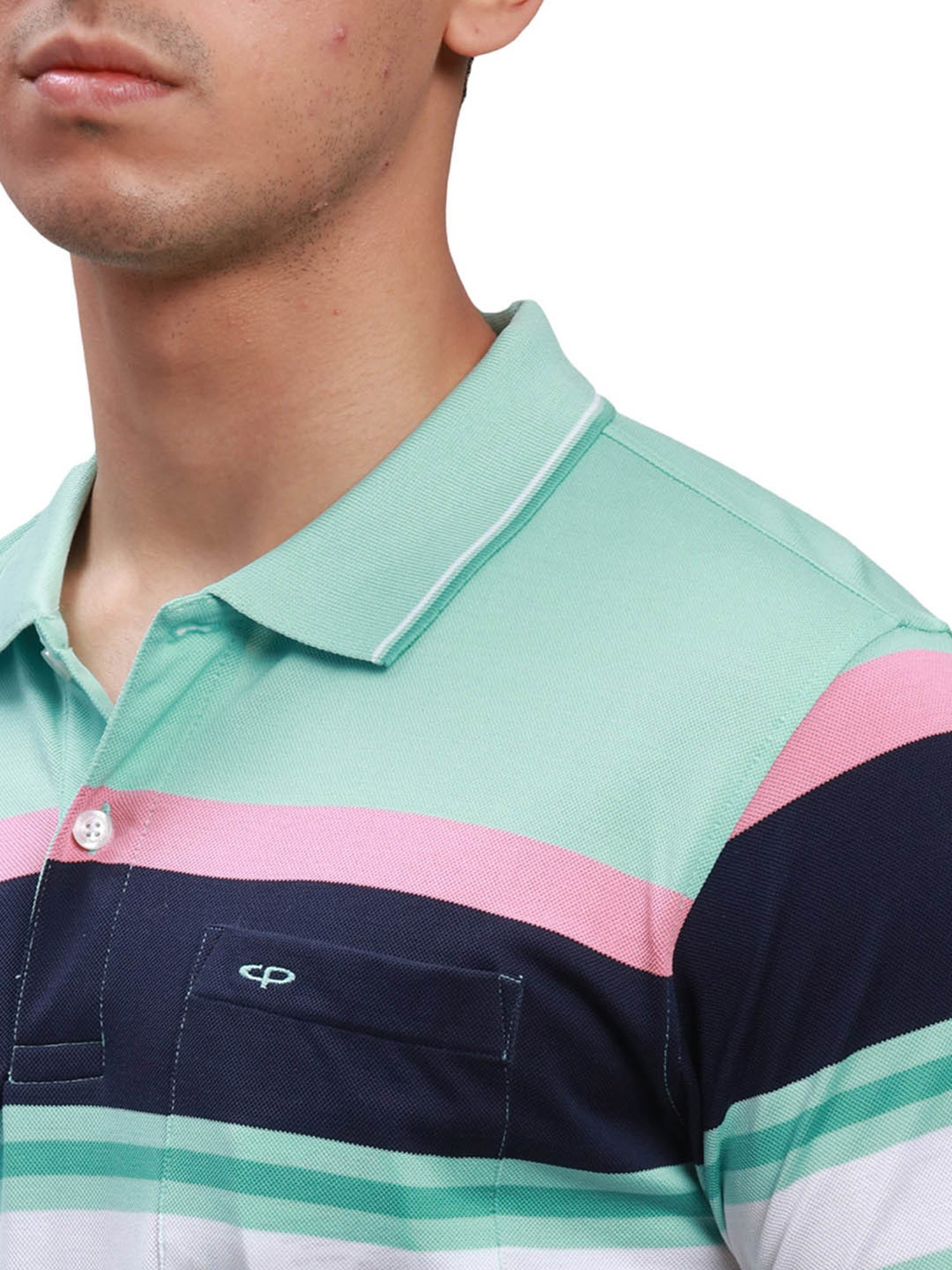 ColorPlus Blue Cotton Tailored Fit Striped Polo T-Shirt
