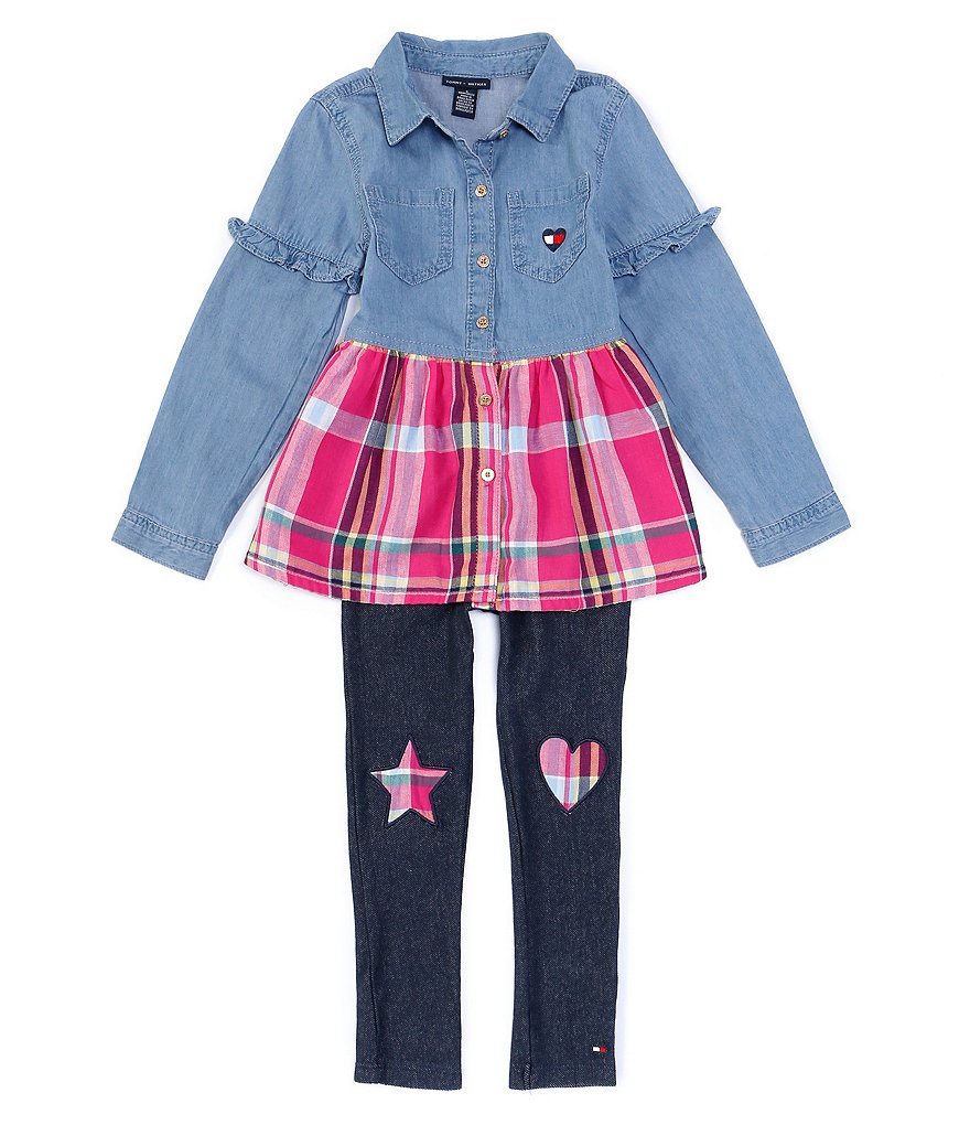 Tommy Hilfiger Little Girls 2T-6X Long Sleeve Plaid Denim Tunic & Faux Denim Legging Set