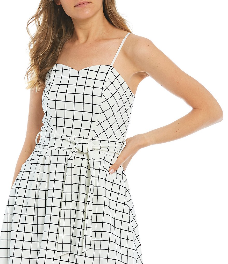 Honey and Rosie Spaghetti Strap Window Pane Tie-Waist Skater Dress