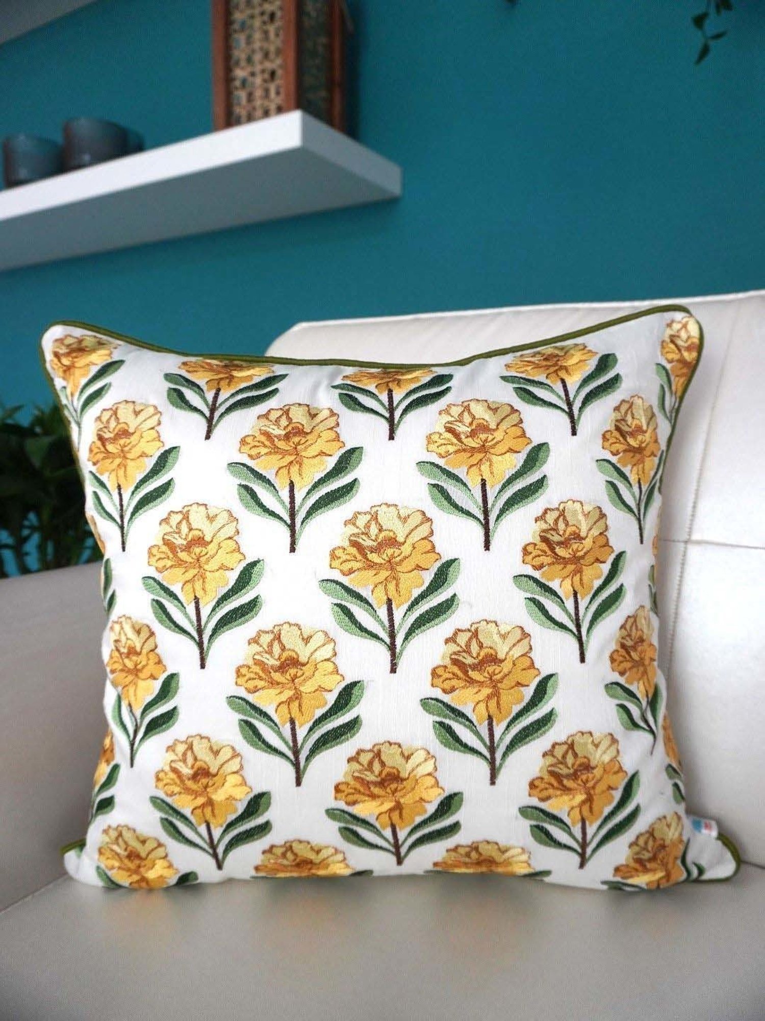 TARA Sparkling Homes Bagh-e-Khaas Beige & Yellow Cotton Cushion Cover - Set of 2