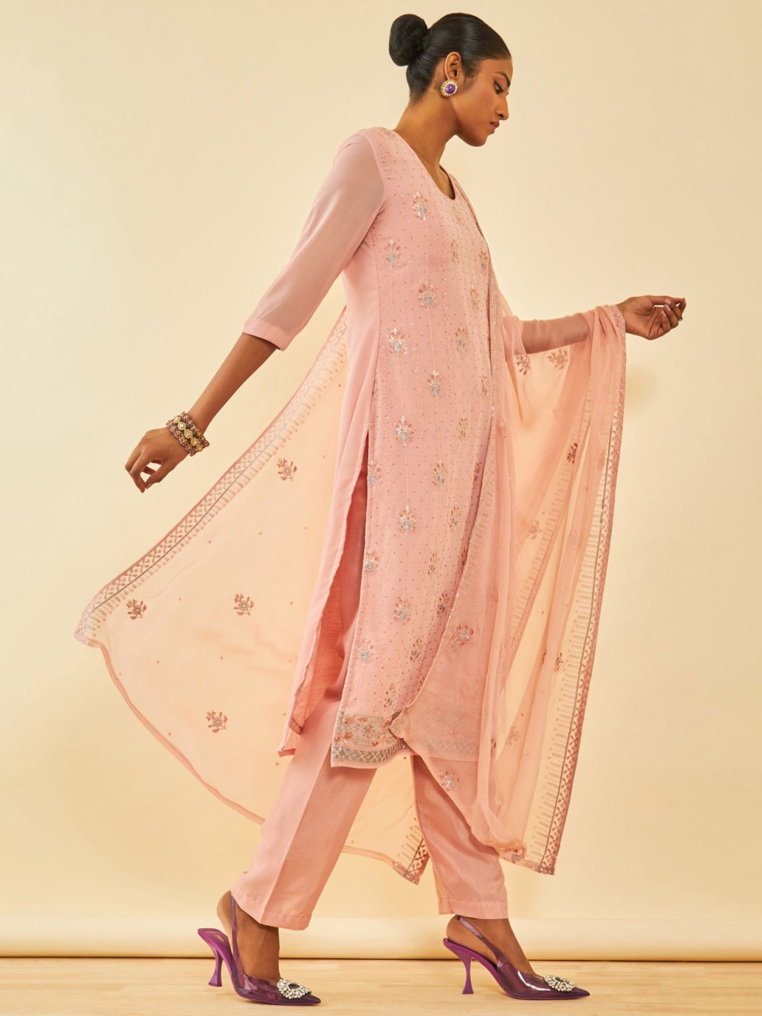 Soch Peach Georgette Embroidered Unstitch Dress Material With Stones