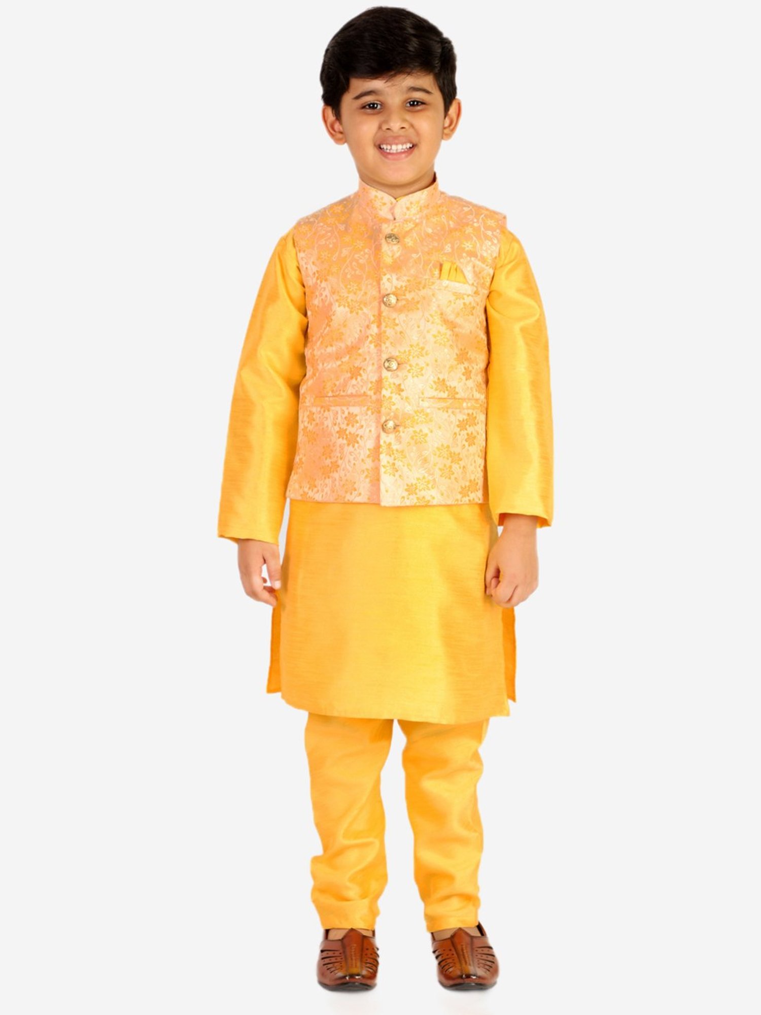 Pro-Ethic Style Developer Kids Yellow & Gold Floral Print Full Sleeves Kurta, Pyjamas with Waistcoat