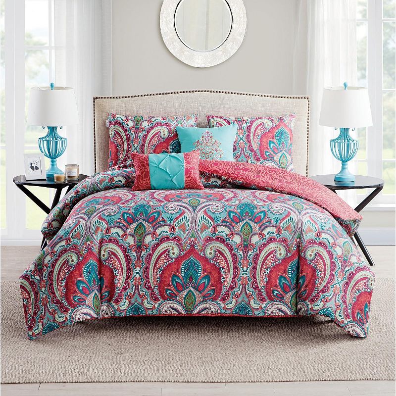 VCNY Home Casa Re'al Coral/Aqua Reversible Duvet Cover Set - Multicolored 4 Piece Twin - Twin XL