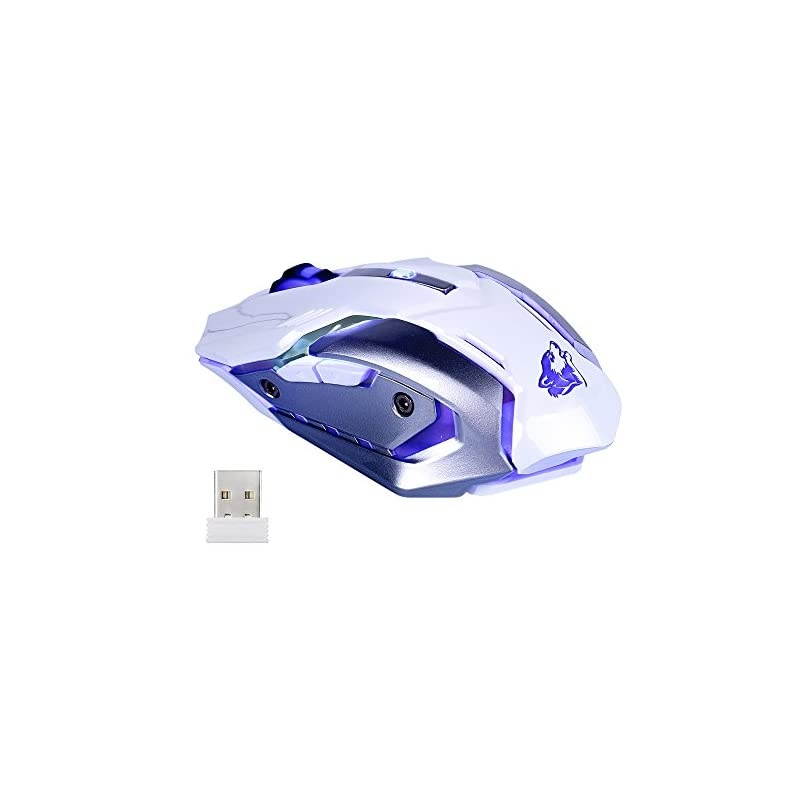 Wireless Rechargeable Gaming Mouse USB Optical Mice Silence Click 3 Adjustable DPI 6 Buttons 7 Changing Breathing Backlight GM07 White
